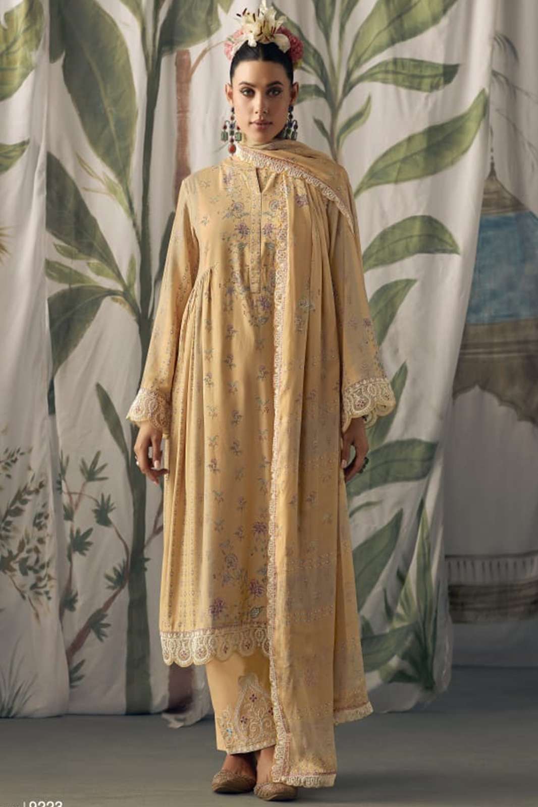 KIMORA mashaalla Pure Maslin with digital print cream dori scalloped embroidery on hemline and sleeves suit