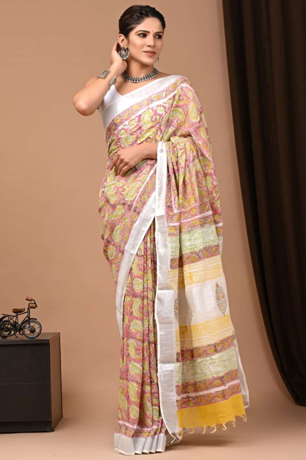 Hand block printed linen saree with blouse