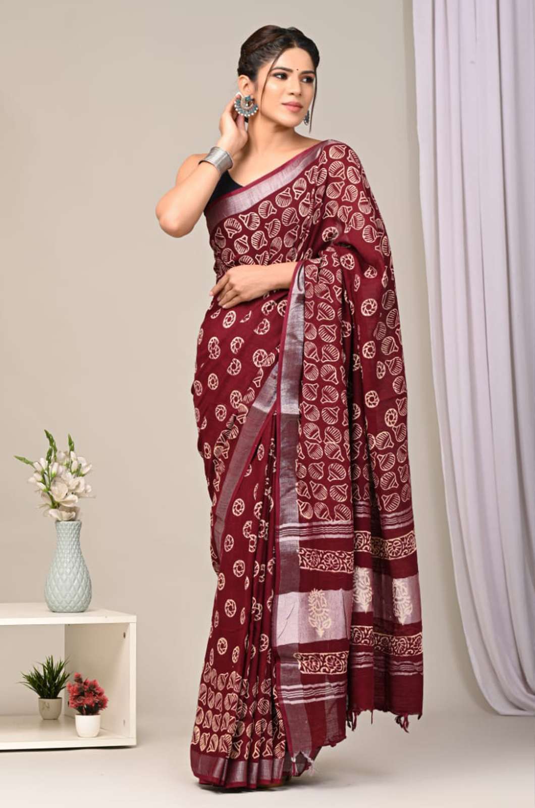 Shri Balaji Emporium 4106A1 Hand block printed linen saree with blouse