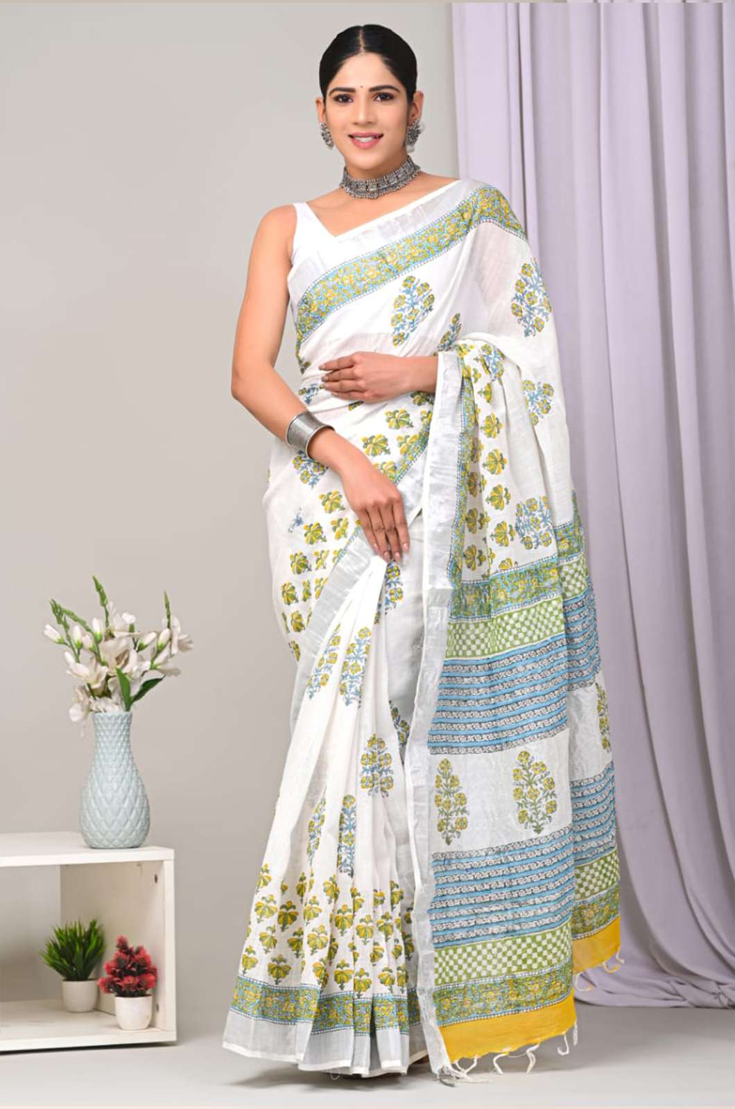 Shri Balaji Emporium 4106AB2 Hand block printed linen saree with blouse