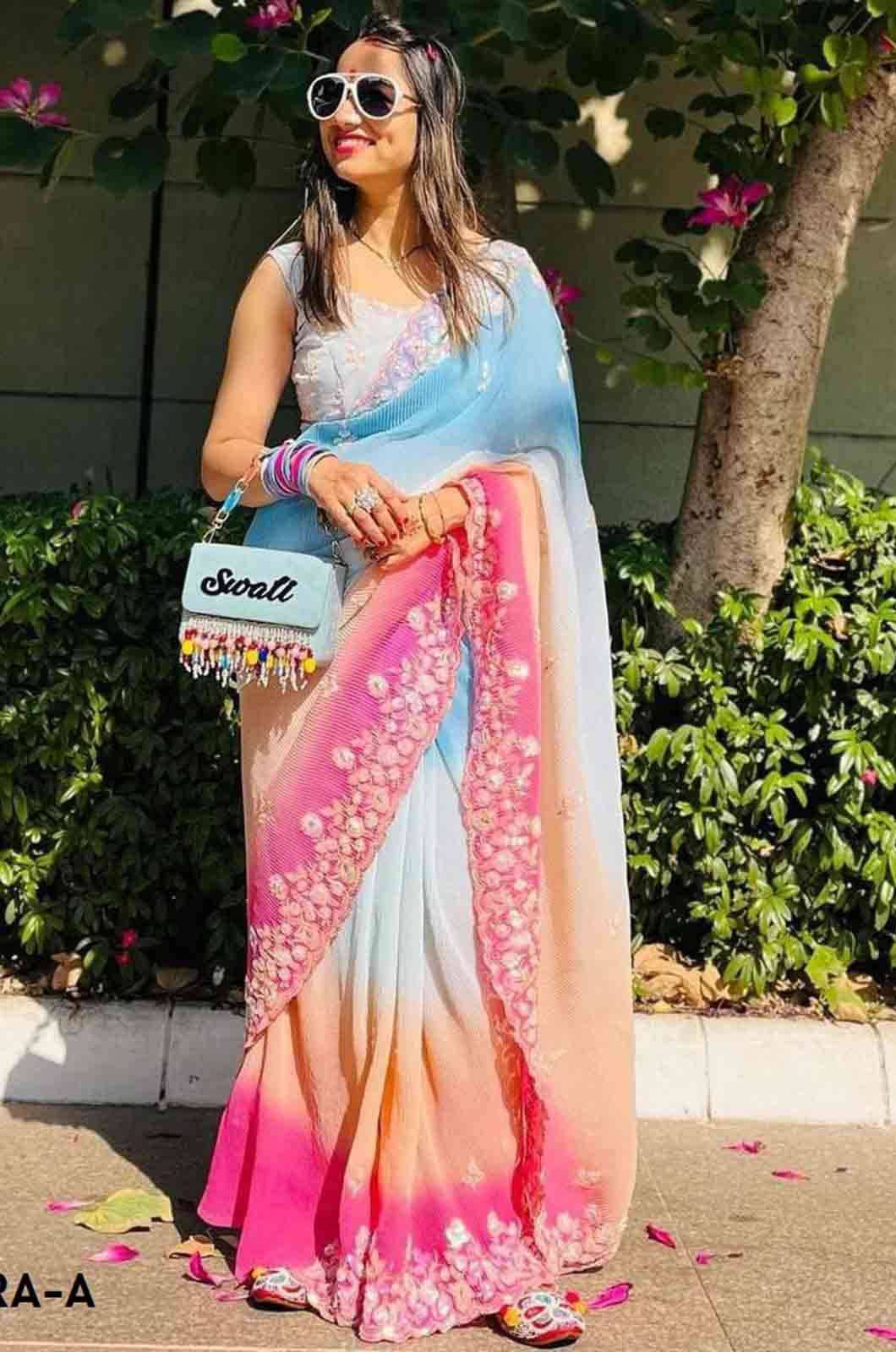 Shri Balaji Emporium KARA COLOUR’S Crush Georgette Fancy Embroidery Saree With C-pallu Sequence