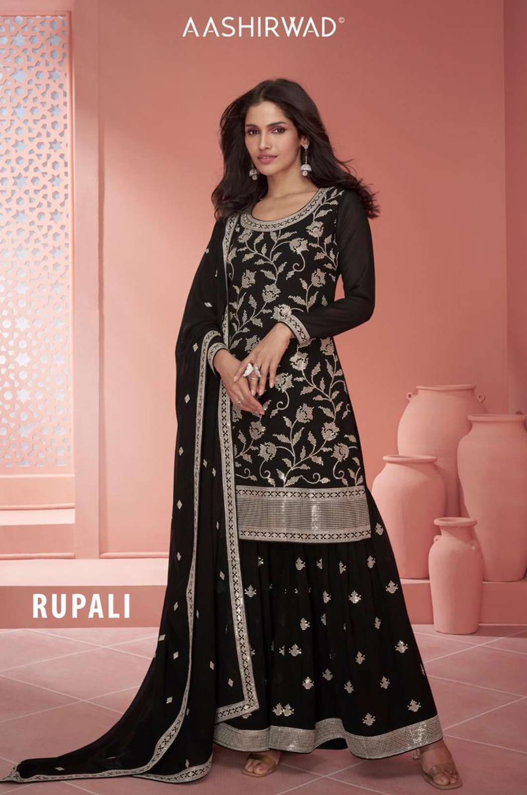 AASHIRWAD RUPALI REAL GEORGETTE BLACK & WHITE SUIT WITH EMBROIDER WORK