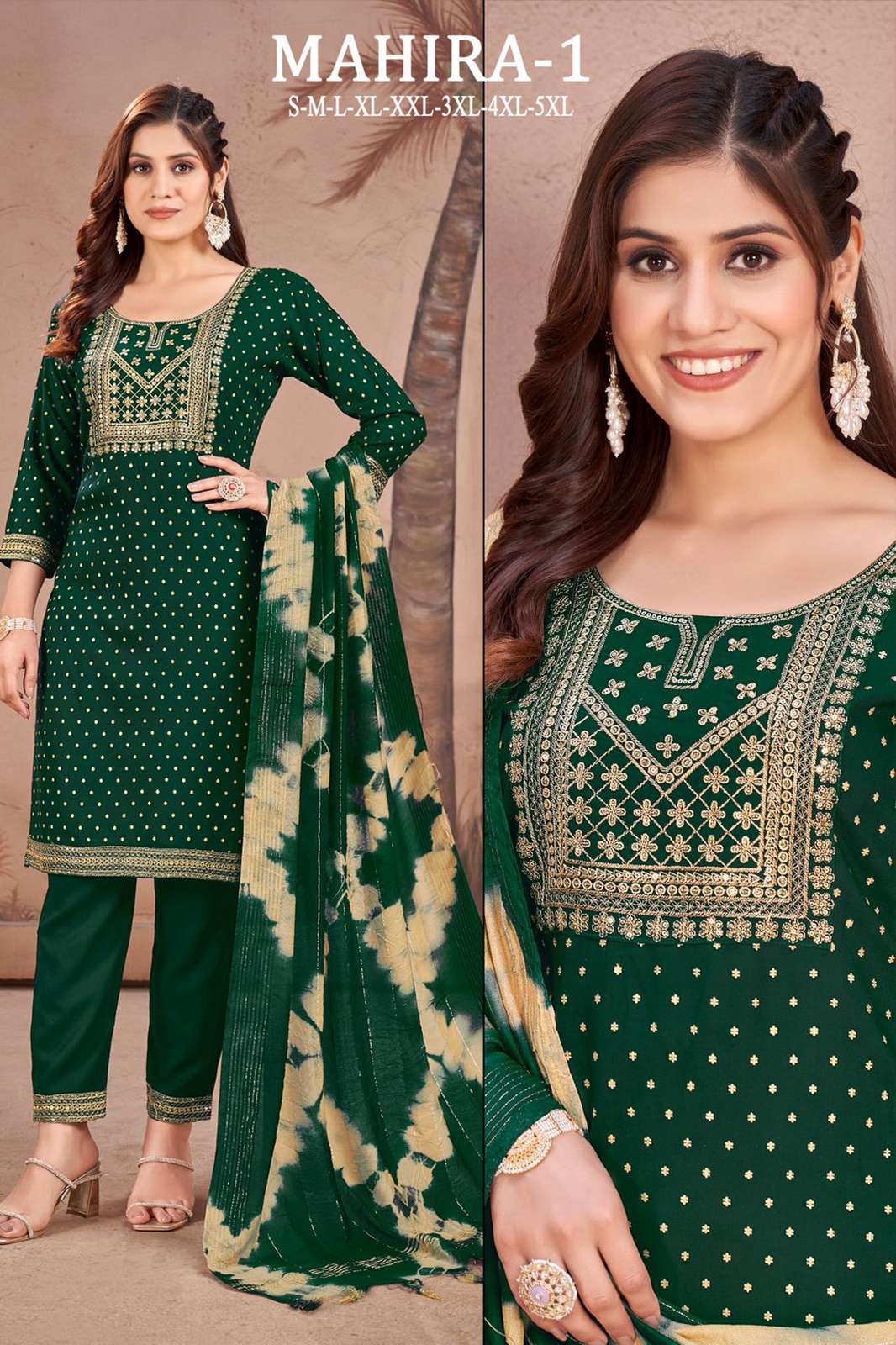 BANWARI FASHION MAHIRA-1  HEAVY RAYON GOLD PRINTED SUIT WITH EMBROIDERY SEQUENCE WORK