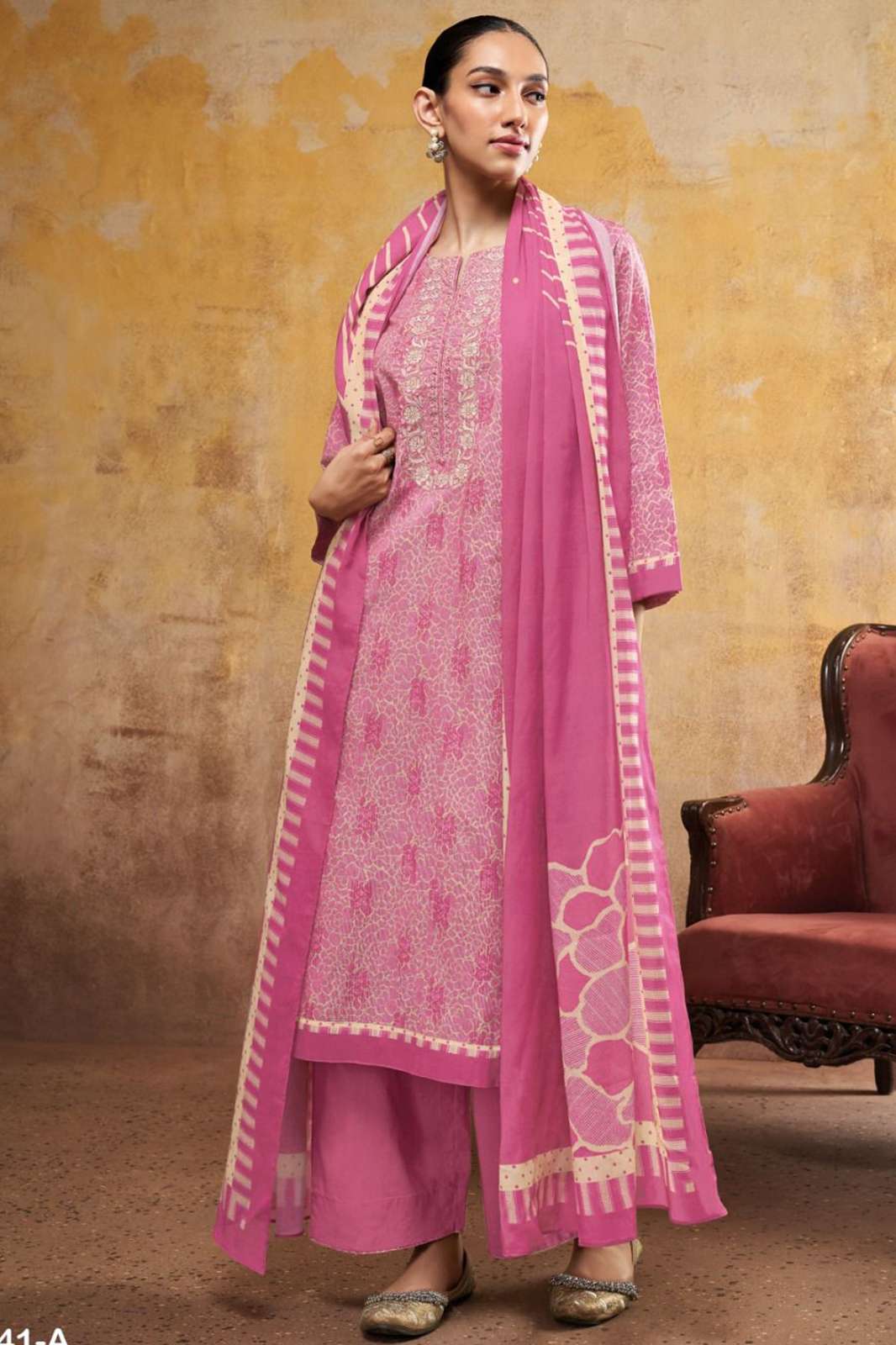  Ganga Edith 2241  COTTON PRINTED WITH EMBROIDERY & PRINTED SOLID DAMAN AND SLEEVES, LACE SUIT