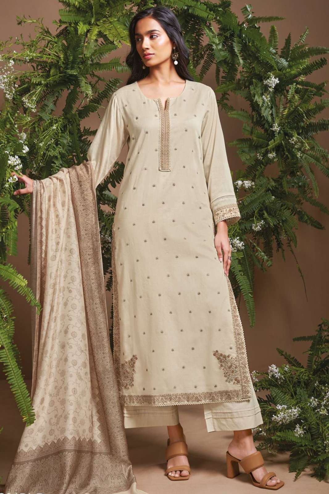 Ganga Eloraina 2451COTTON PATTERN SOLID WITH NECK & DAMAN EMBROIDERY WITH LACE SUIT