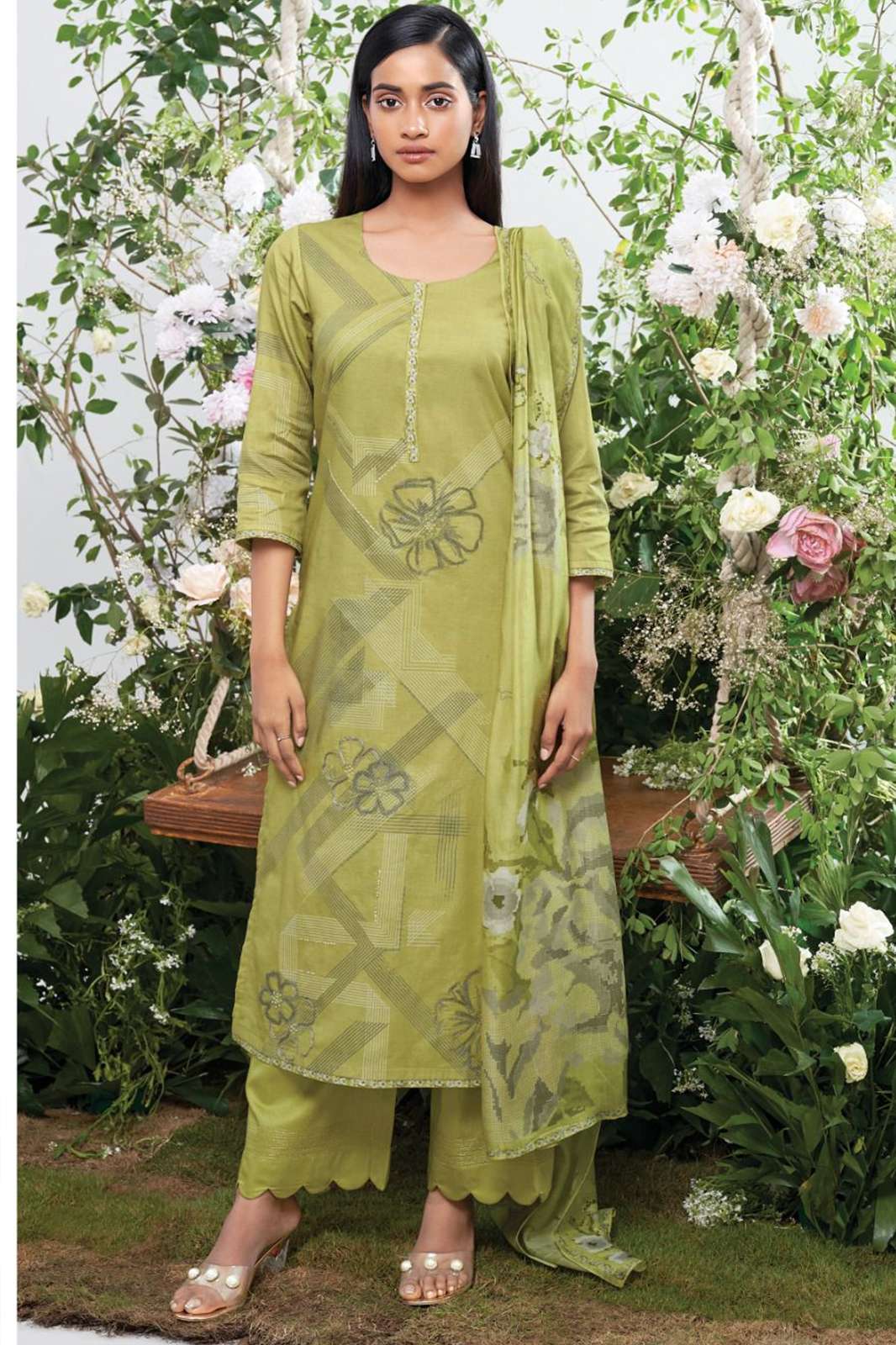  Ganga Logan 2410 PREMIUM COTTON SILK SATIN PRINTED WITH EMBROIDERY AND HAND WORK, EXTRA SLEEVES SUIT