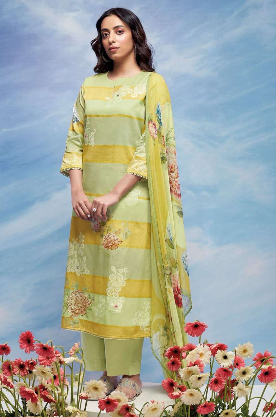 Ganga Teagana 2355 PREMIUM COTTON SILK DIGITAL PRINTED WITH AARI WORK & HAND EMBROIDERY COTTON LACE AND EXTRA SLEEVE SUIT