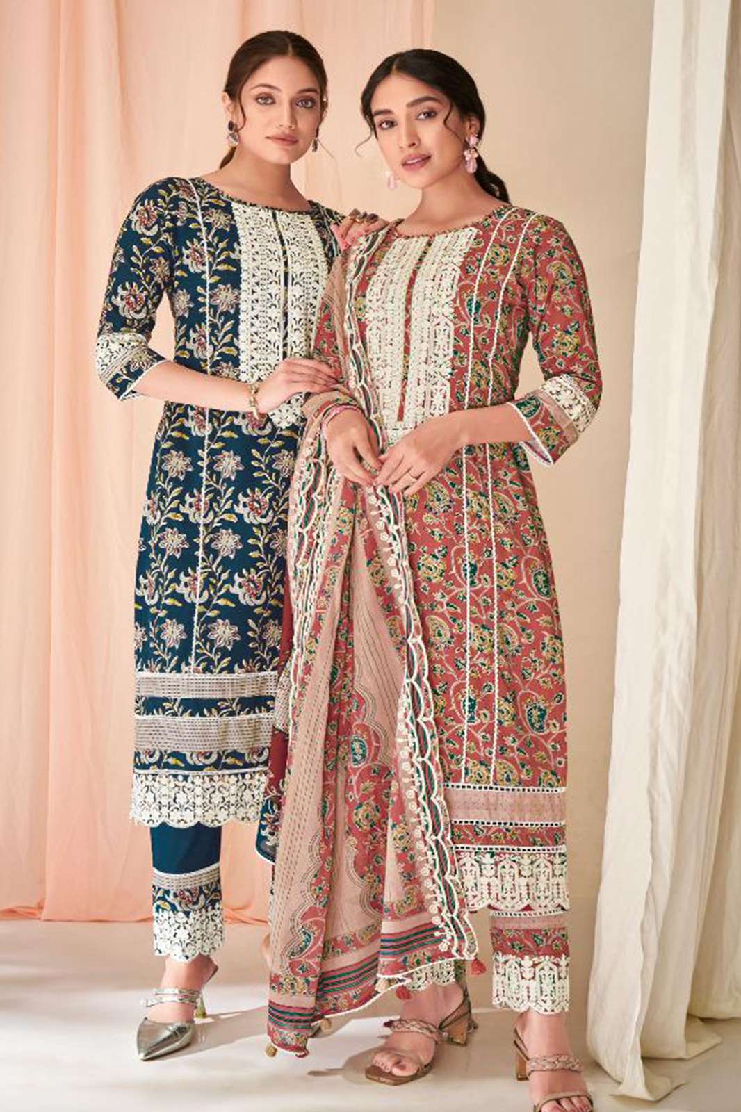  JayVijay Jhilmil PURE COTTON BLOCK PRINT WITH EMBROIDERY AND FANCY LACE SUIT