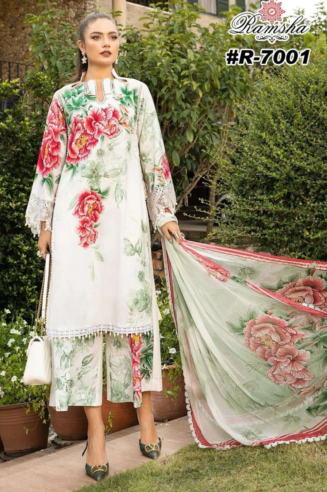 RAMSHA R-7001 & R-7004 CAMBRIC EMBROIDERY PATCH PAKISTANI SUIT IN BEAUTIFUL DESIGN