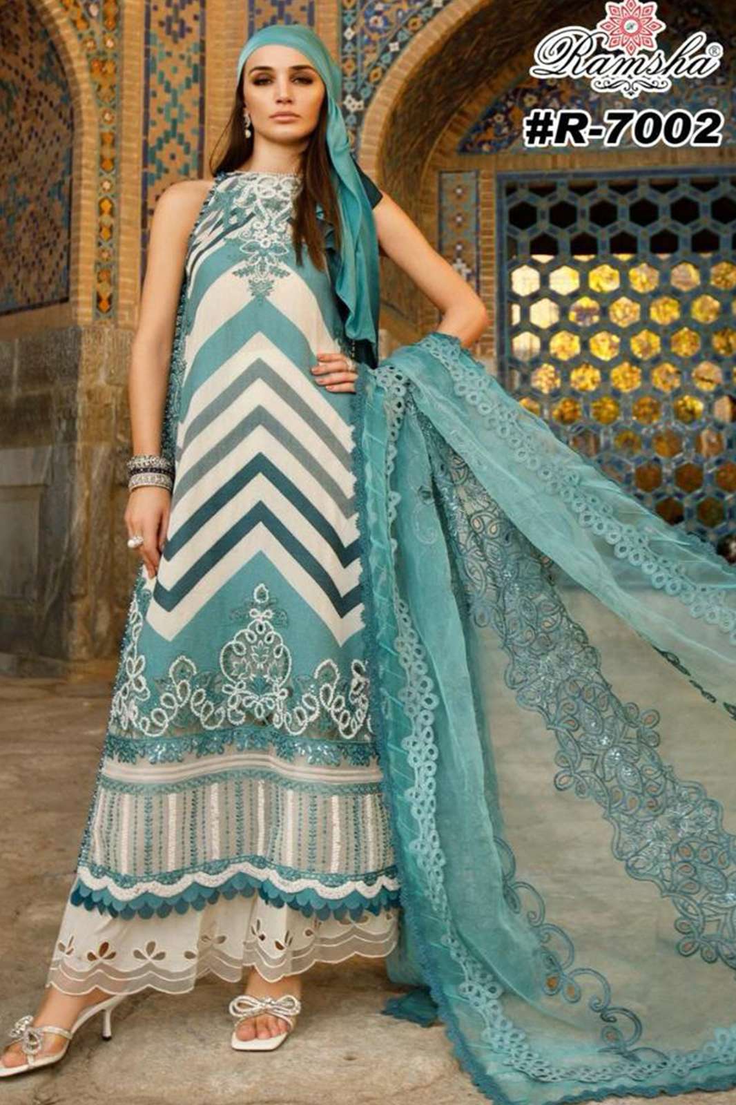 RAMSHA R-7002 & R-7003 CAMBRIC EMBROIDERY PATCH PAKISTANI SUIT IN BEAUTIFUL DESIGN
