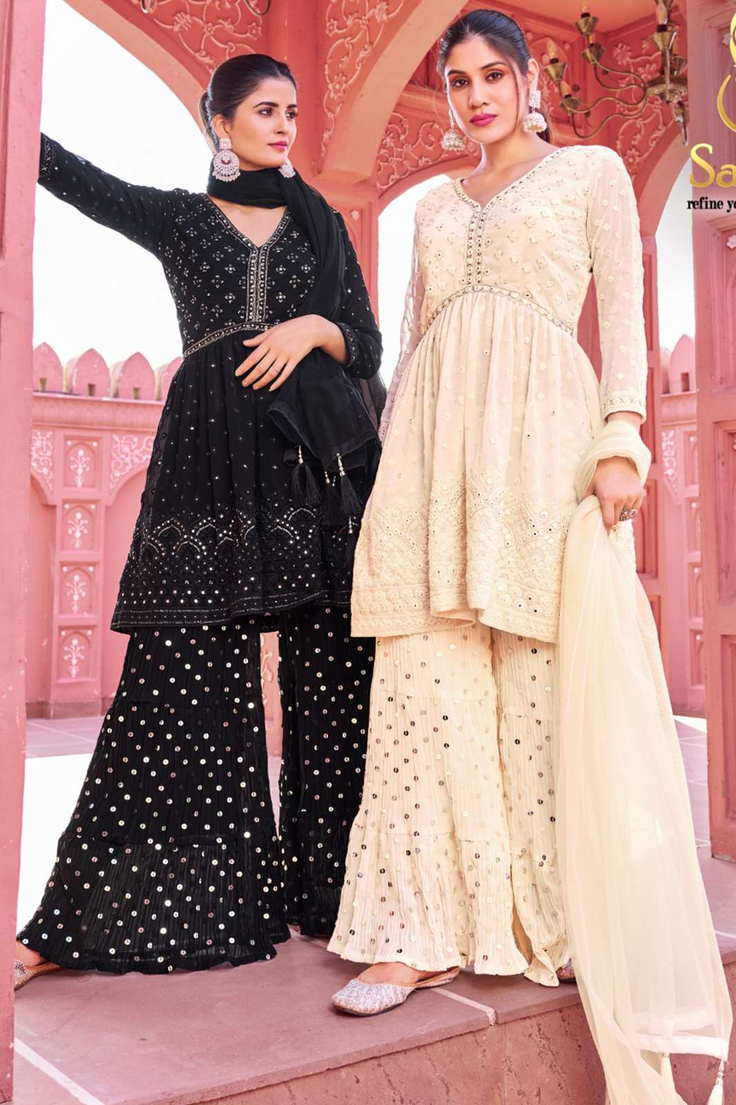 SABAH BLACK&WHITE GEORGETTE FRONT AND BACK EMBROIDERED SHARARA SUIT