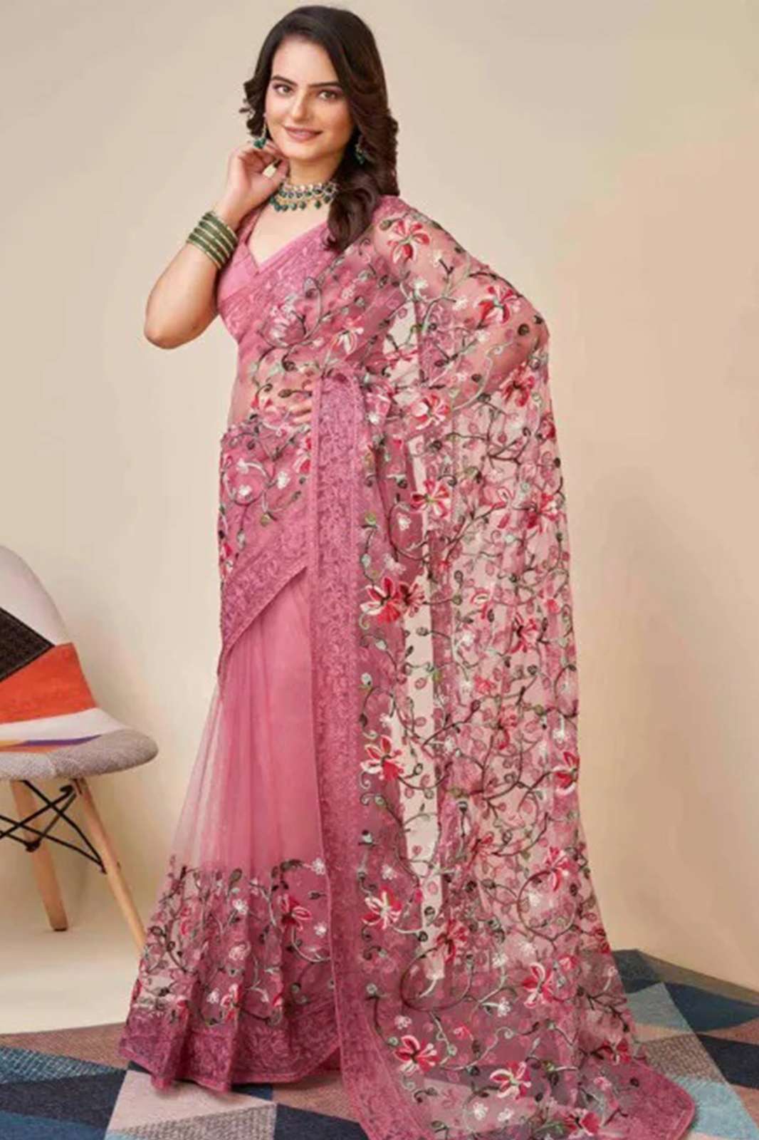 Shri Balaji Emporium Net Embroidered Saree in Beautiful Color