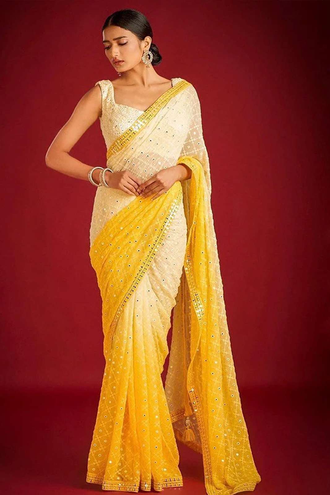 Shri Balaji Emporium Yellow Faux Georgette With Sequence Embroidered Saree 