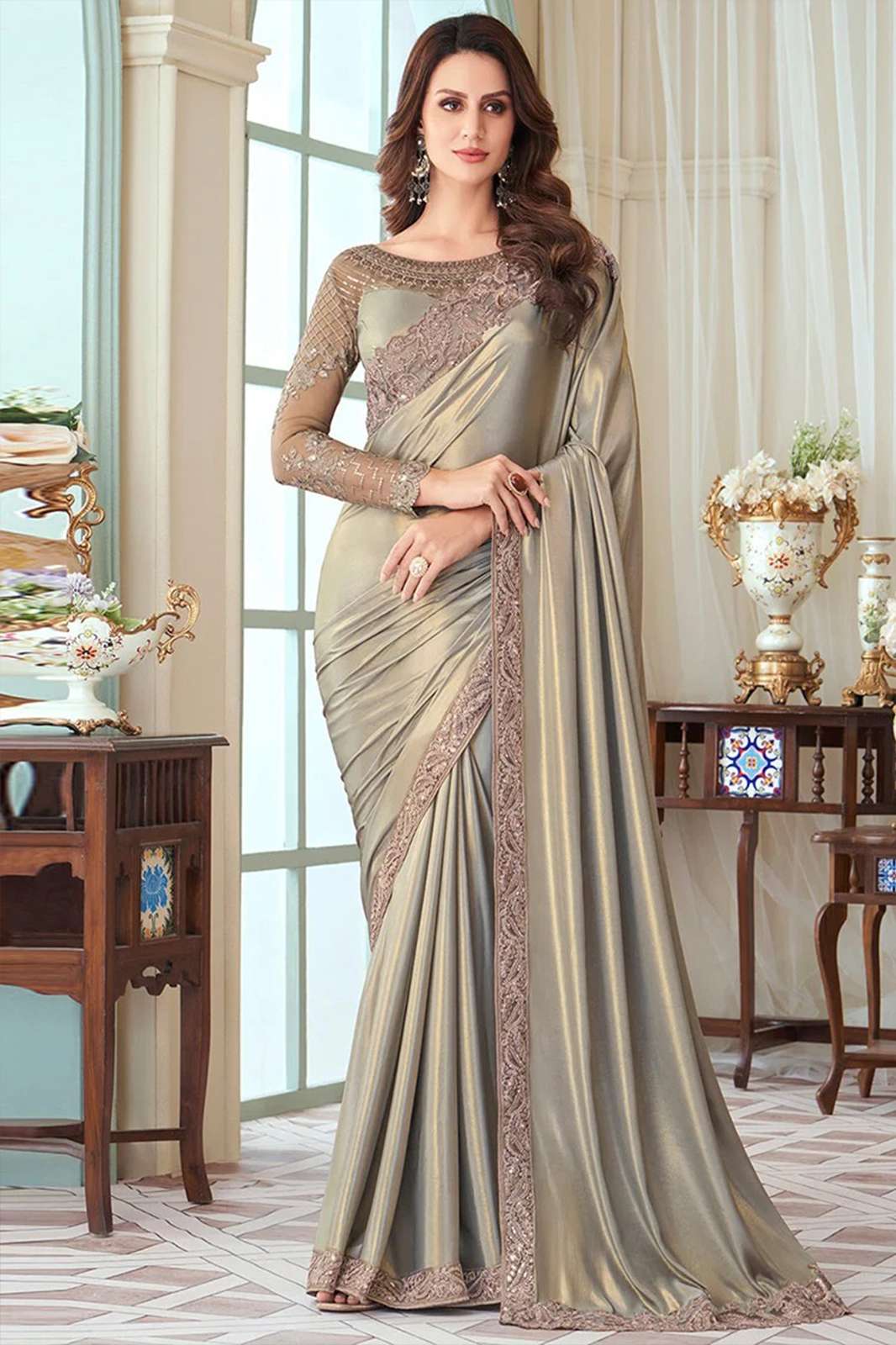 tfh Grey Silk Saree With Embroidery Sequins Work 