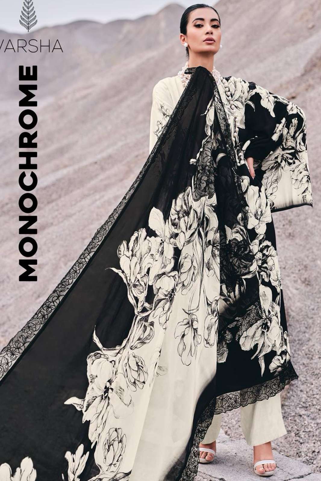  VARSHA MONOCHROME VISCOSE MUSLIN DIGITALLY PRINTED WITH HANDWORK AND EMBROIDERY LACES SUIT
