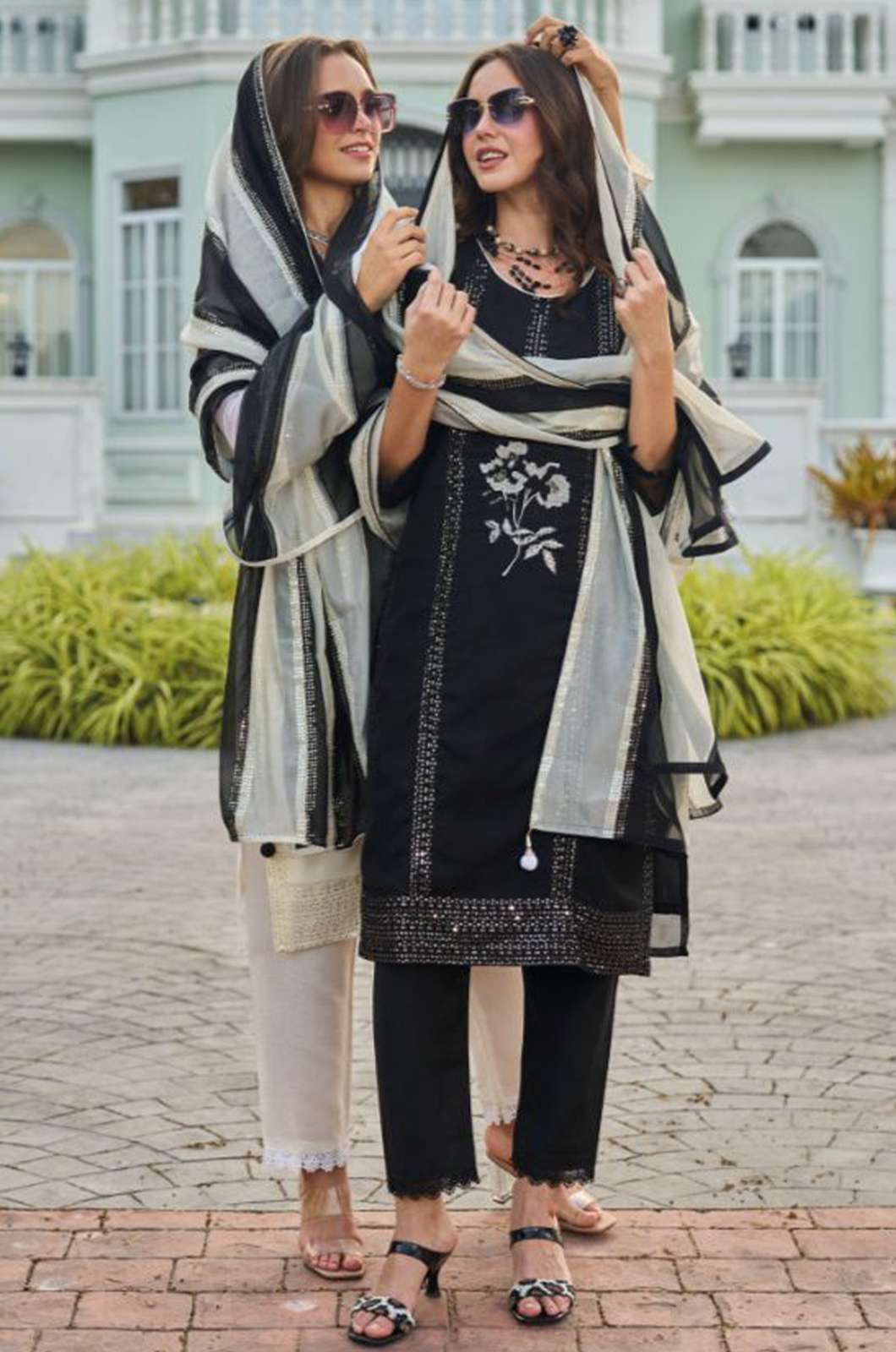 Zaveri RUFI Beautiful Black & White Orgenza Suit with Embroidery