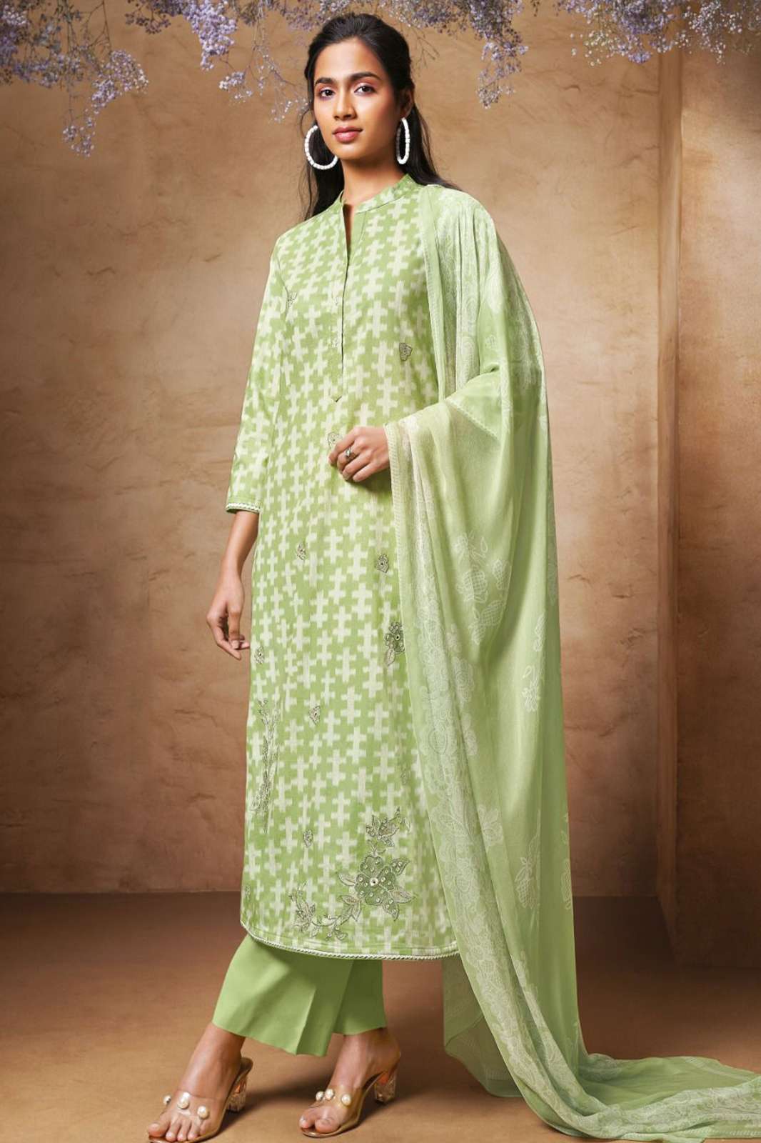 Ganga Valerie 2306 COTTON PRINTED WITH EMBROIDERY, HAND WORK ON FRONT AND COTTON DAMAN LACE SUIT