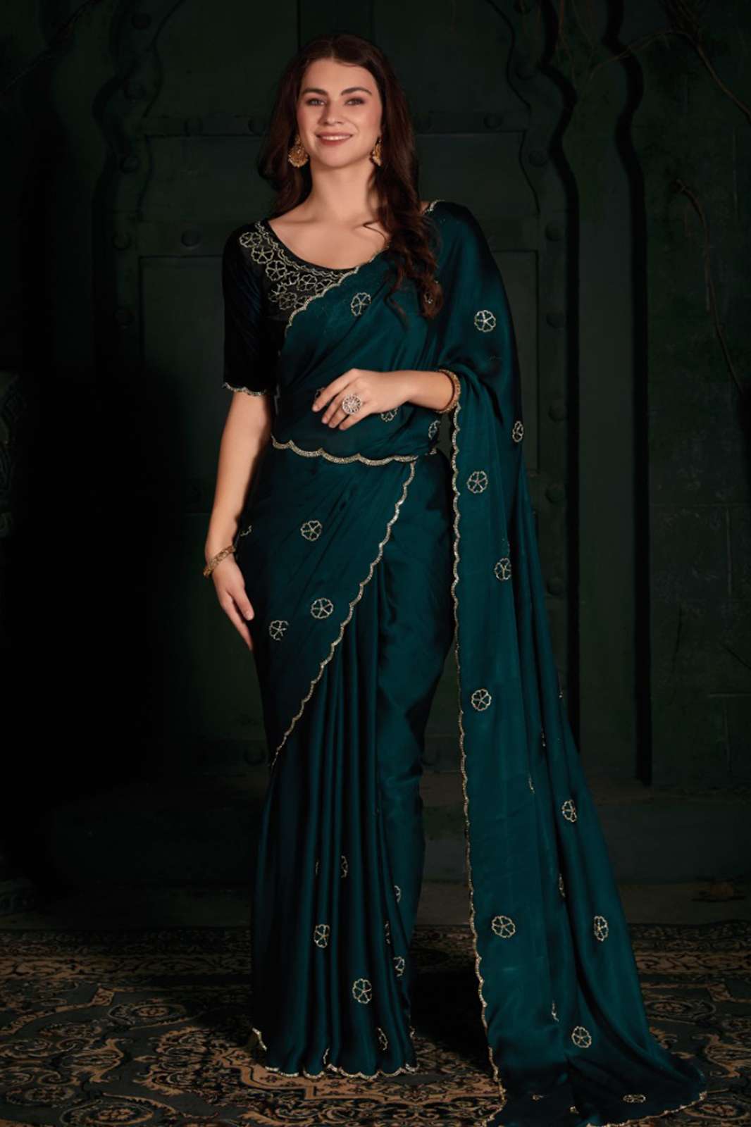MEHEK 5533 731A TO 731F Pure Satin Georgette Blooming Fabric with Zircon Butti Scattered all over the Sarees With Belt