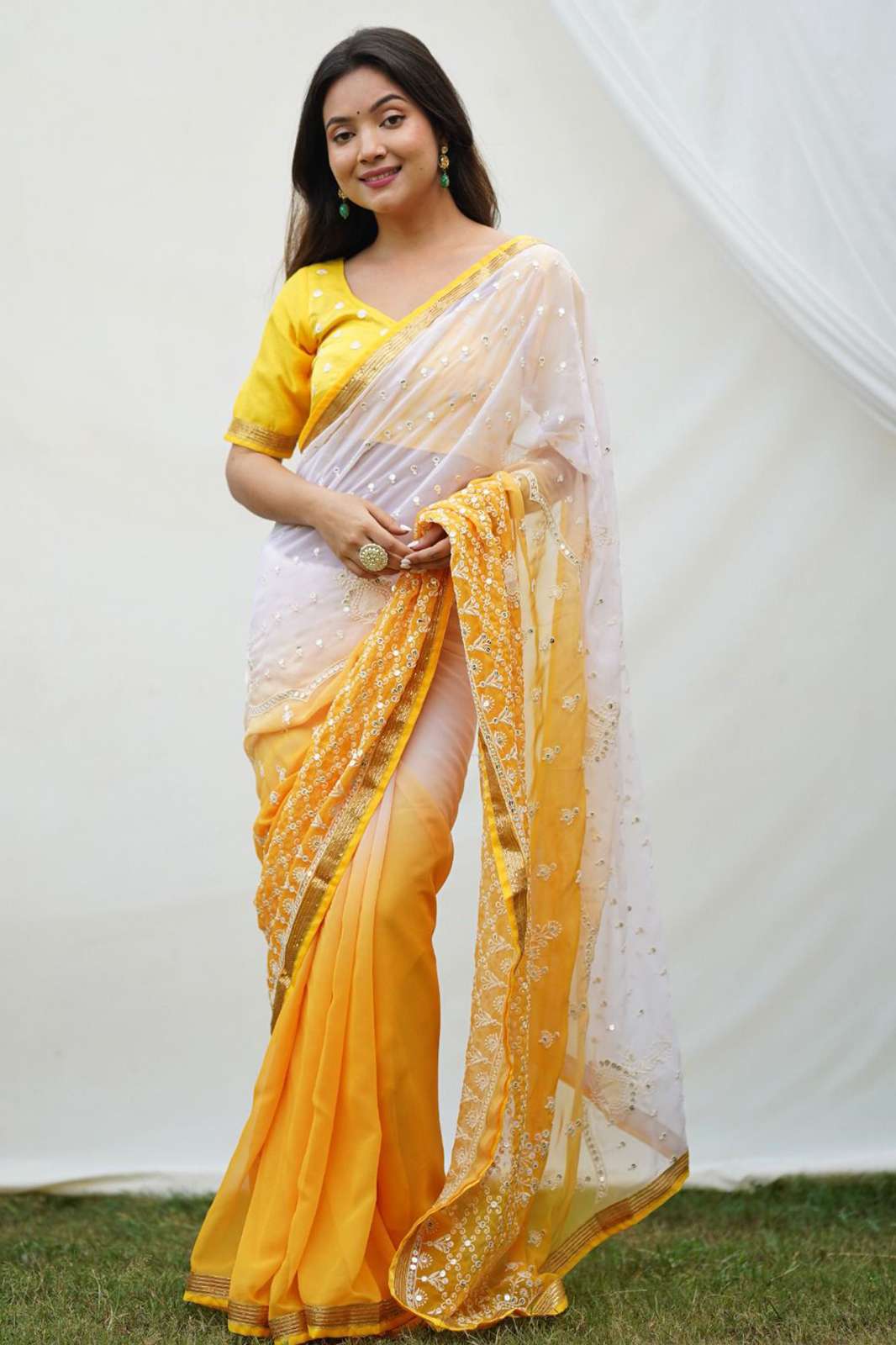 NITYA 5774  YELLOW SEQUENCE 2 Georgette Thread Embroidery Saree In Double Shade 