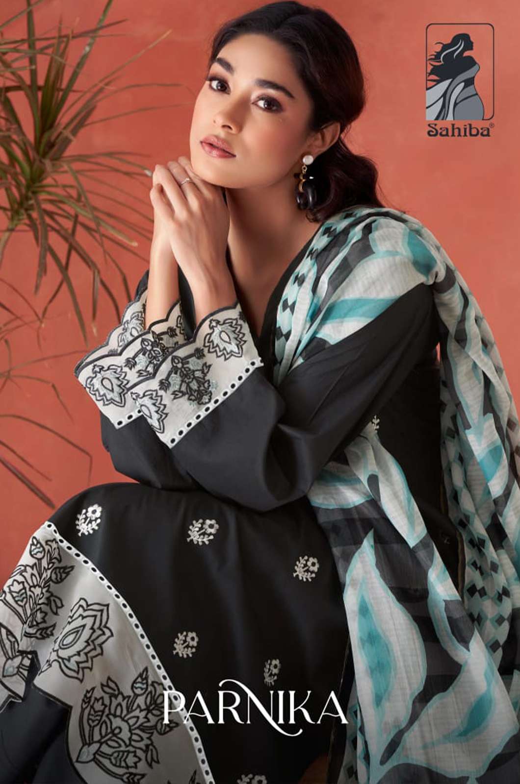 SAHIBA PARNIKA PURE COTTON LAWN FRONT EMBROIDERY SUIT WITH DAMAN SLEEVE ORGENZA SILK 