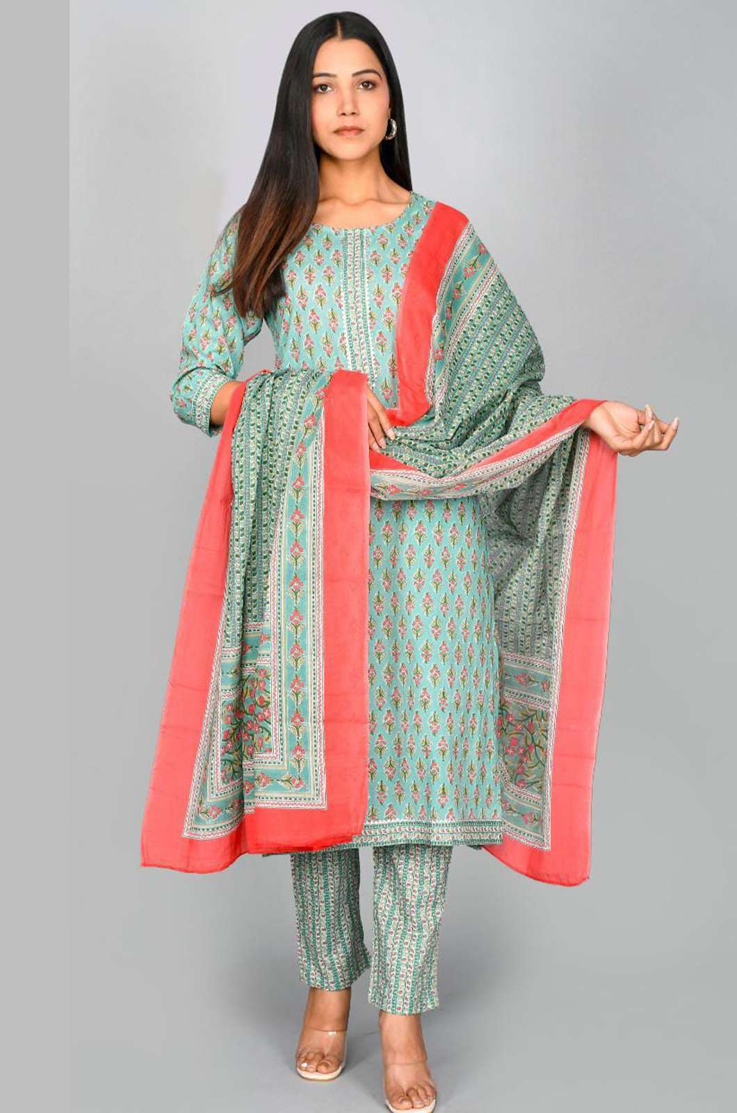 Shri Balaji Emporium 5499A Pure Cotton Readymade 3pcs stitched suits with Hand Block Print