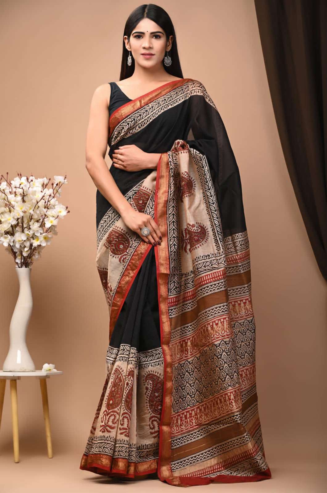 Shri Balaji Emporium 5549B Hand block printed Maheswari silk sarees with blouse