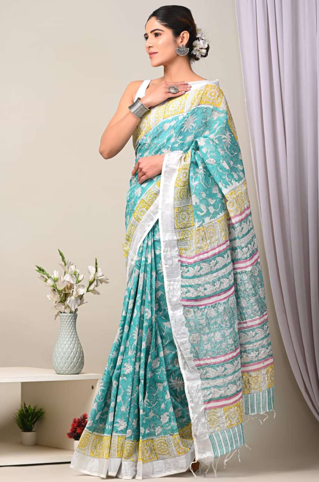 Shri Balaji Emporium 5820A Beautiful Hand Block Printed Linen Saree with Blouse