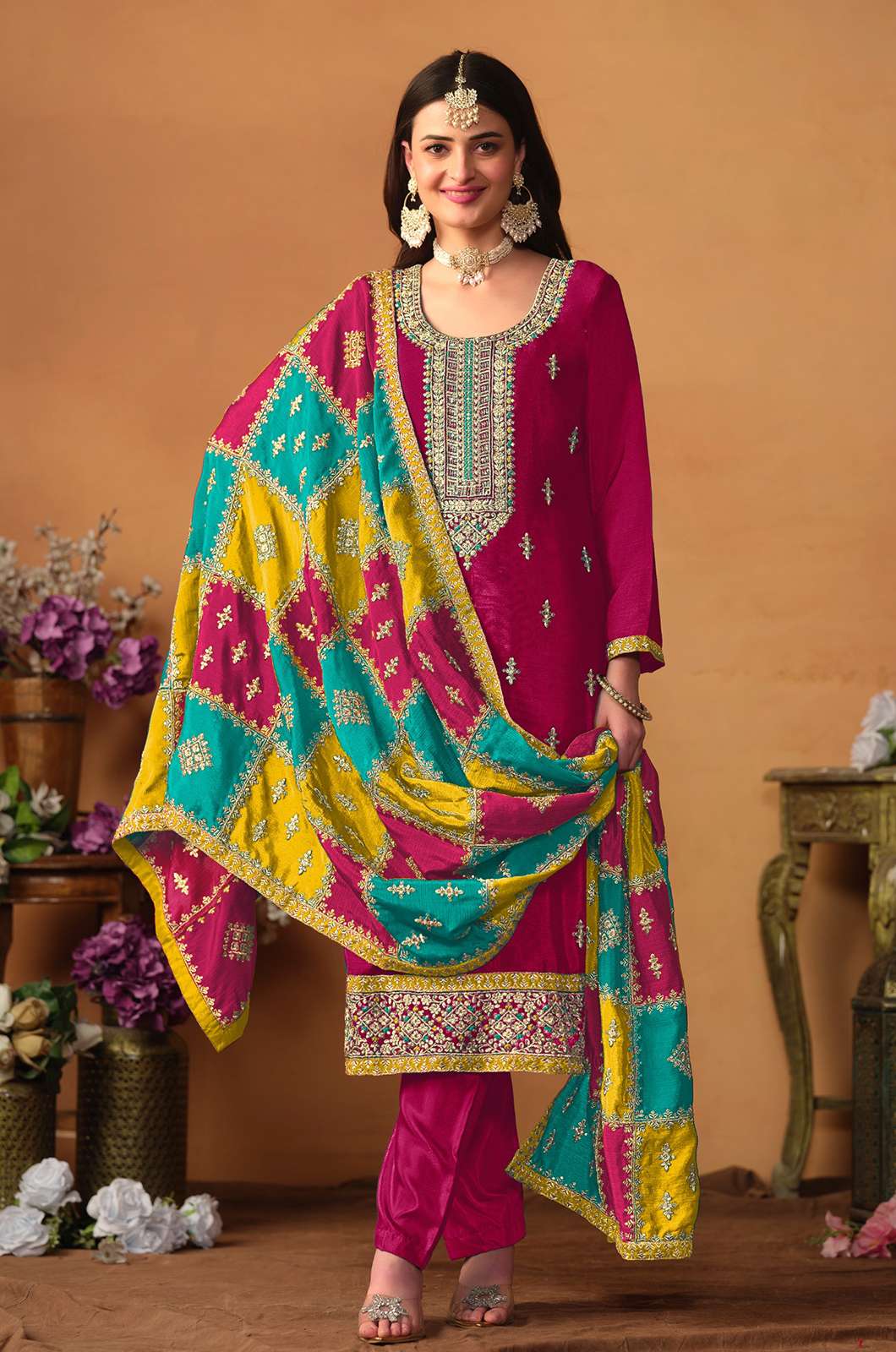 Shri Balaji Emporium VOL 186 6069 Beautiful Chinon Silk Suit with Embroidery Work