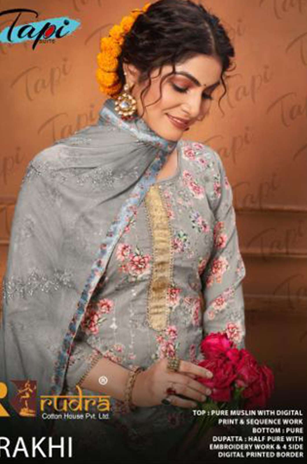 TAPI RAKHI PURE MUSLIN SUIT WITH DIGITAL PRINT & SEQUENCE WORK 
