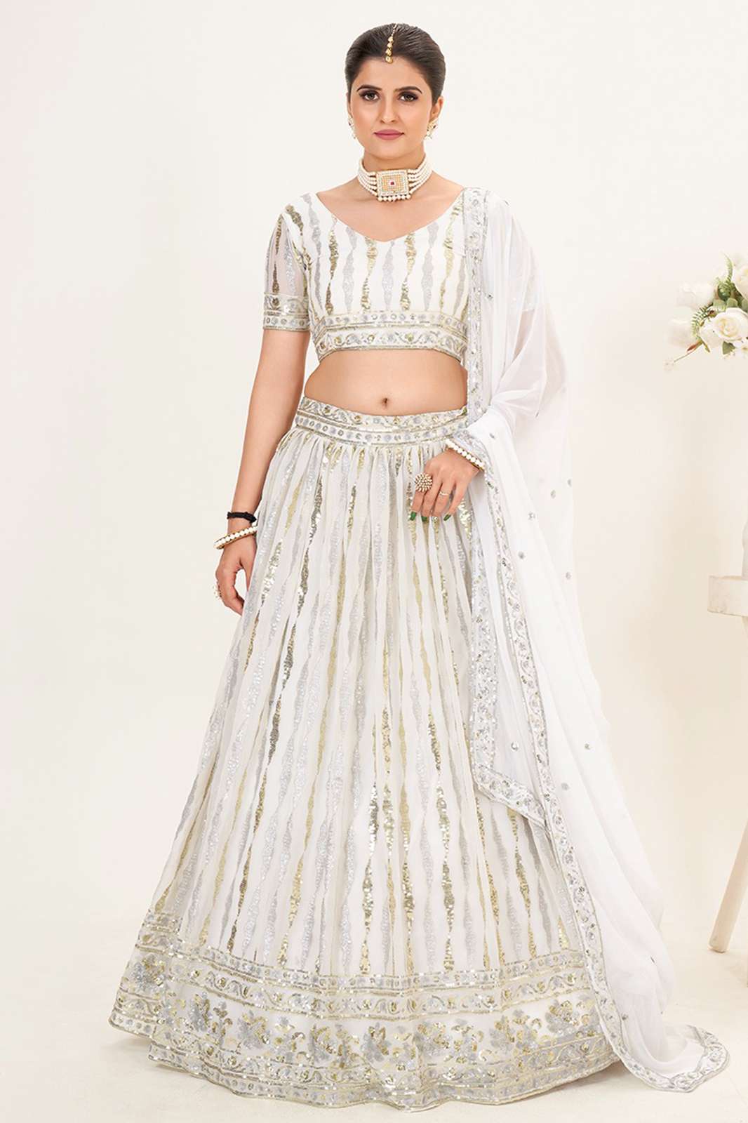 Shri Balai Emporium 6503 New Beauitful White Georgette Semi Stitched Lehenga Choli 