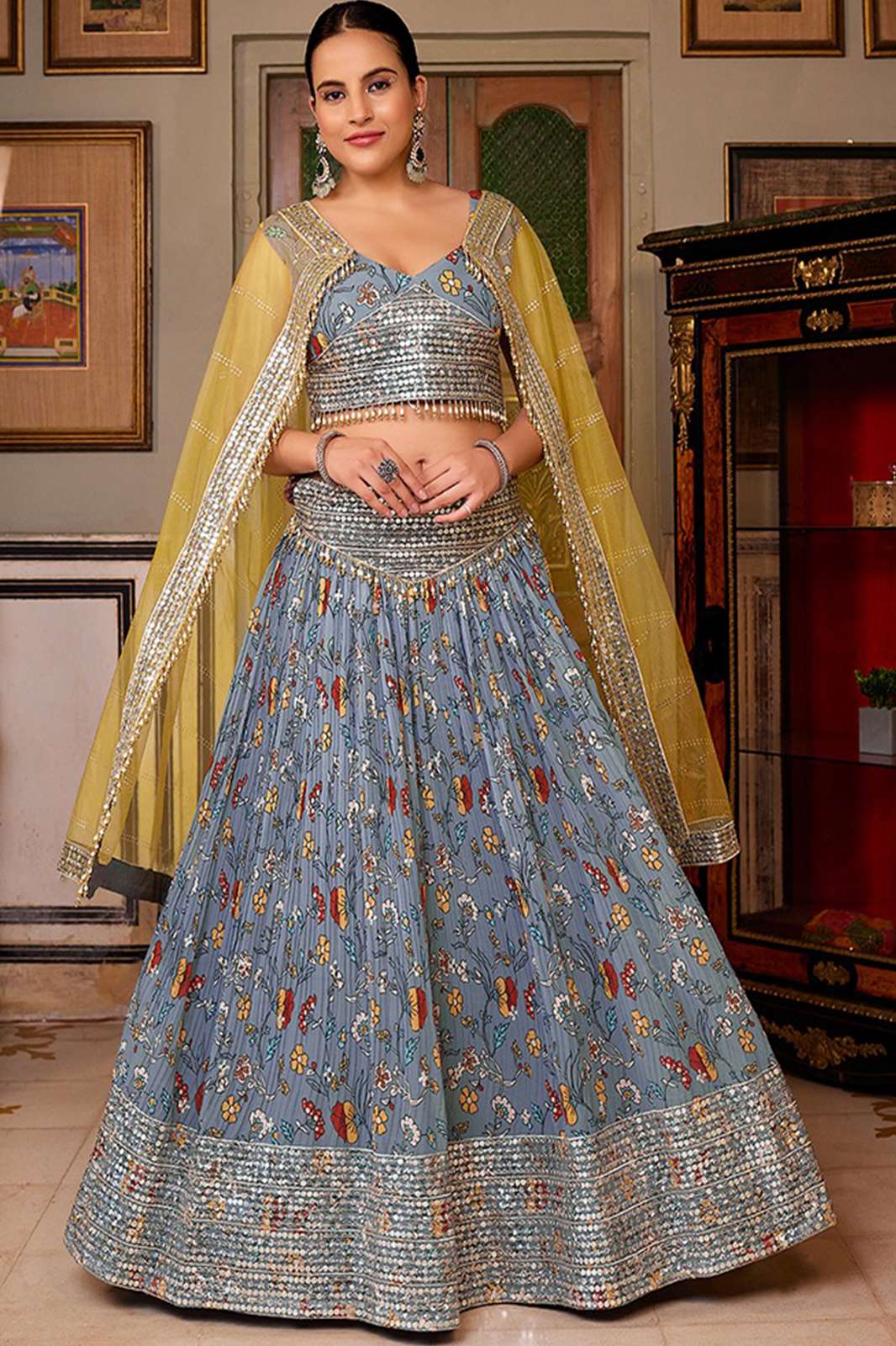 Shri Balahi Emporium 6504 Grey Georgette Floral Printed Lehenga Choli Yellow Dupatta  