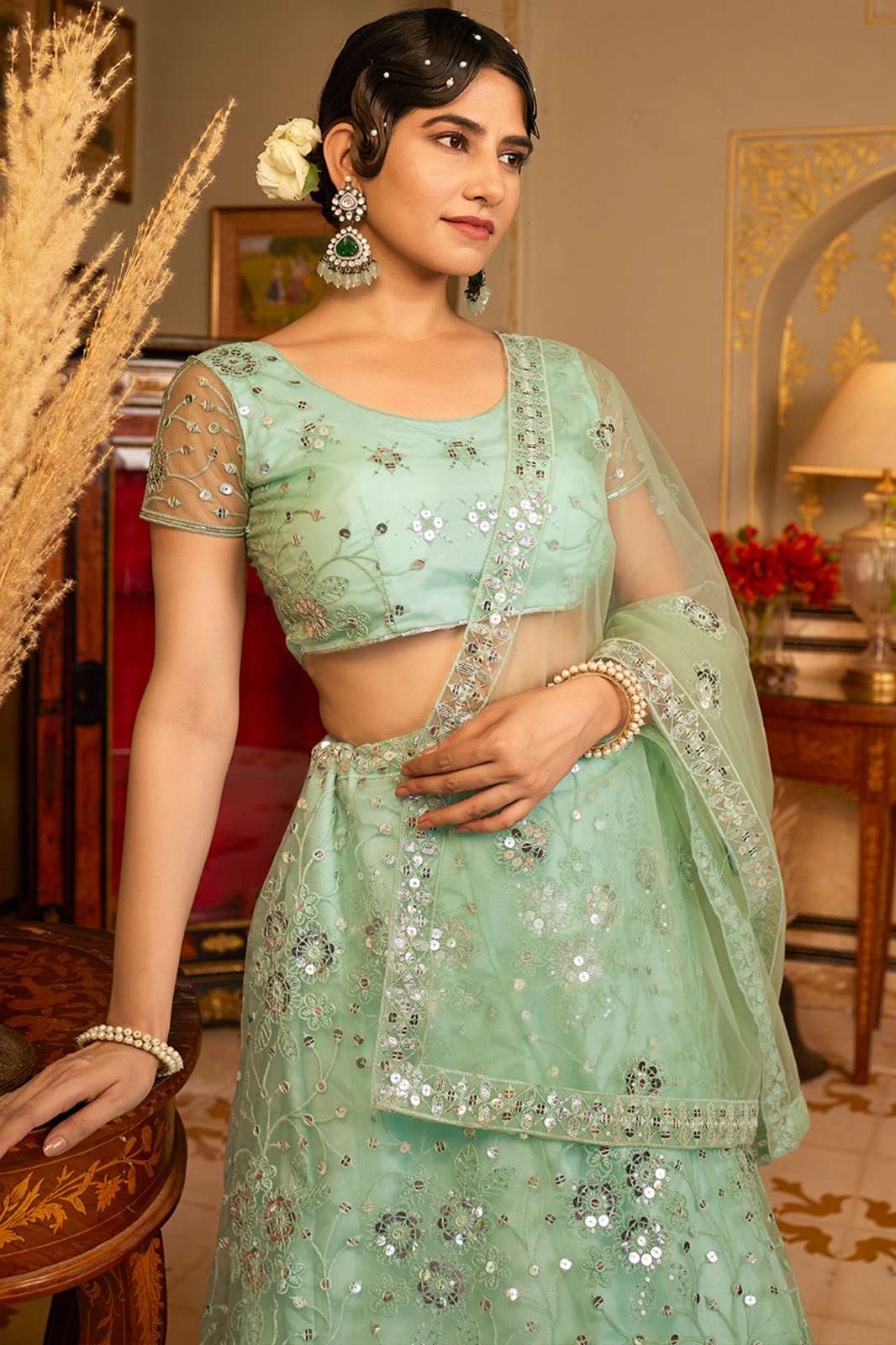 Shri Balahi Emporium 6507 New Sea Green Sequins Embroidered Net Lehenga Choli