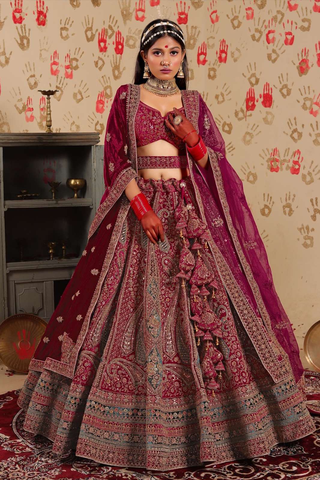 Shri Balaji Emporium 8321 6290 Beautiful Wine Velvet Bridal Lehenga