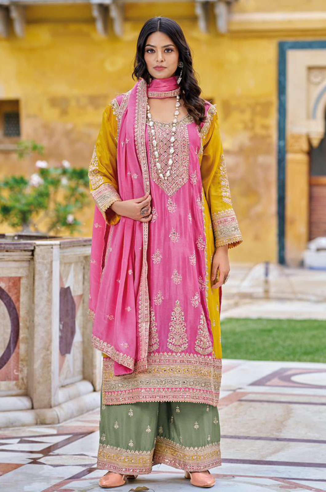 Your Choice GALAXY-3 6150 Pure Chinon Silk Suit with Heavy Embroidery Work