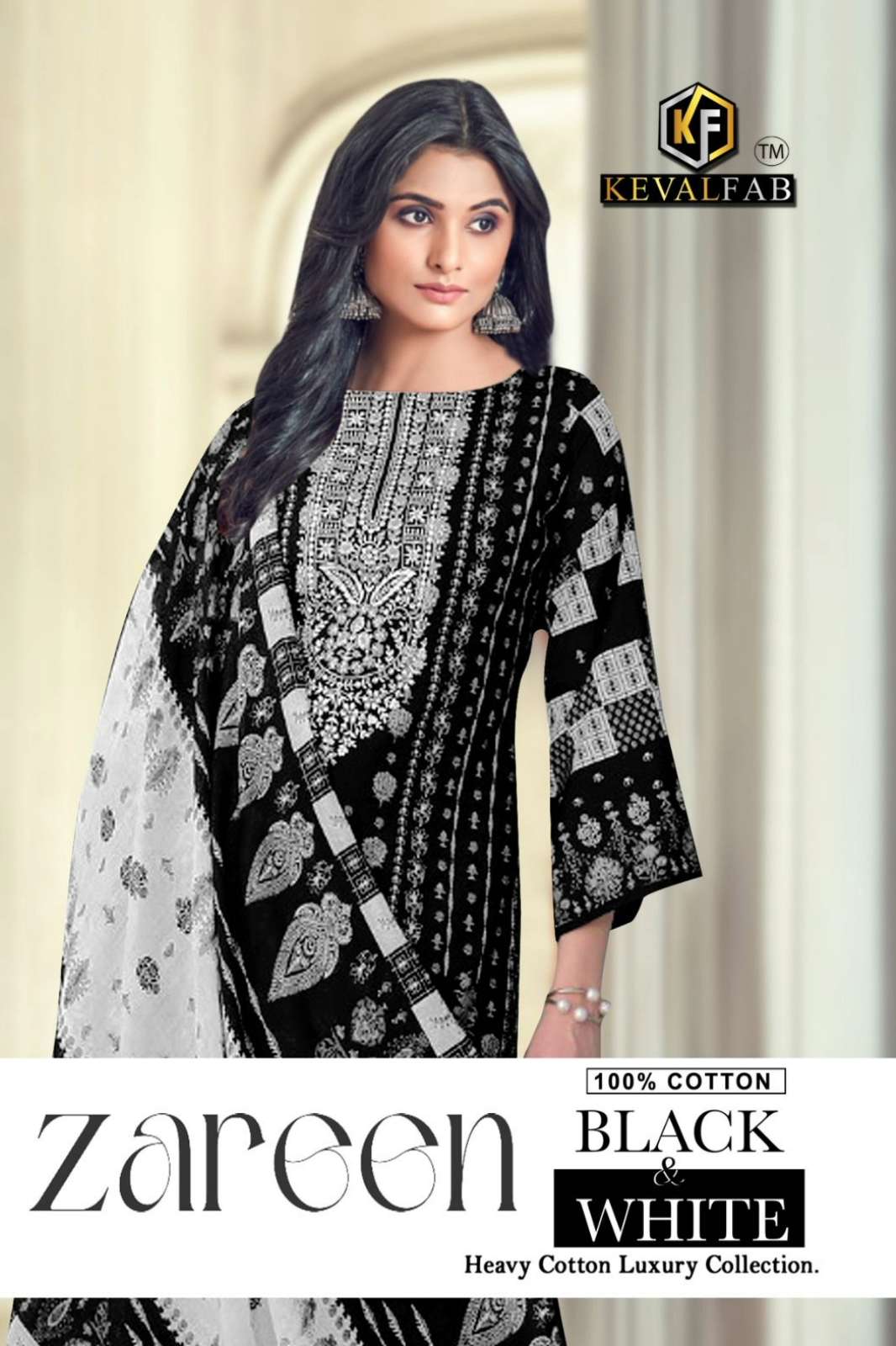 KEVAL FAB ZAREEN 6362 BLACK & WHITE PURE COTTON SUIT COLLECTION