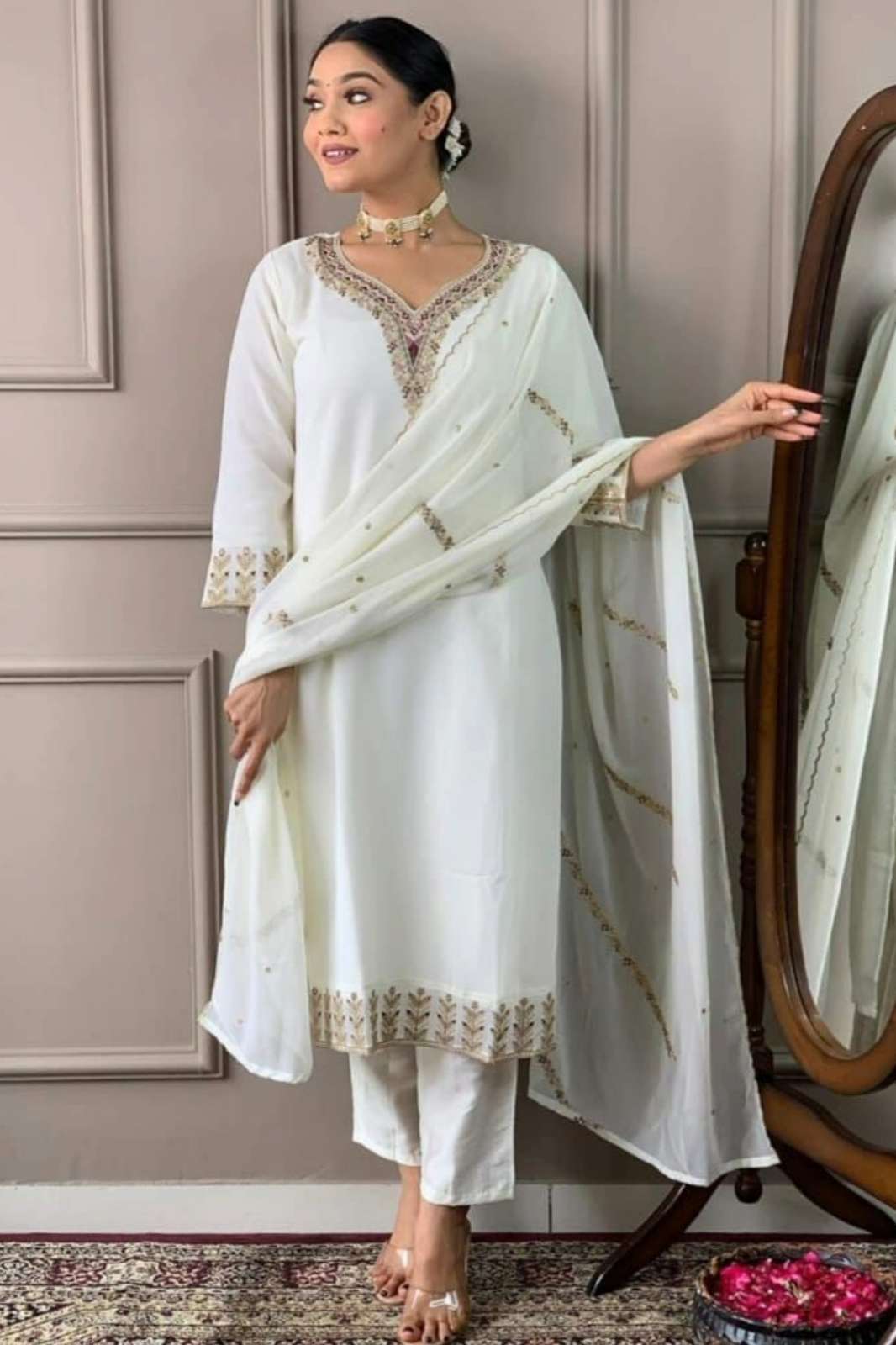 Vouch AL0052 7023 Beautiful white Georgette Suit with Embroidery Work 