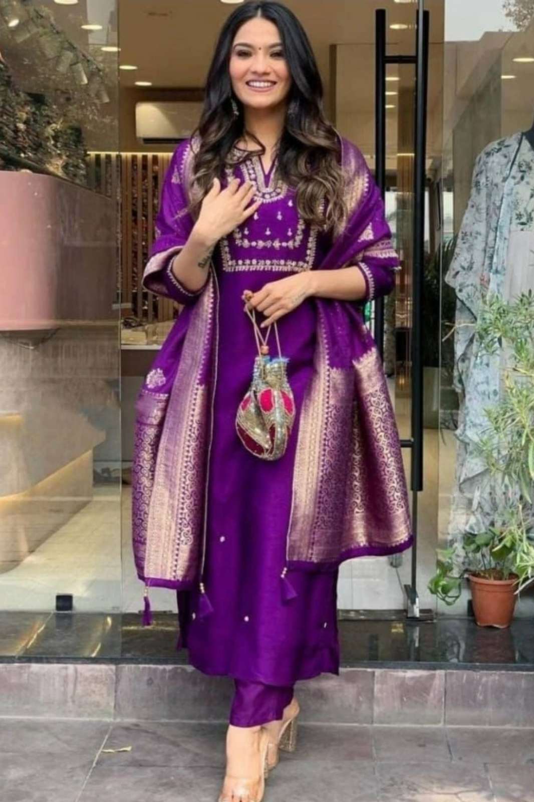 Vouch AL0054 7021 Viscose Chanderi Purple Suit with Embroidery Work