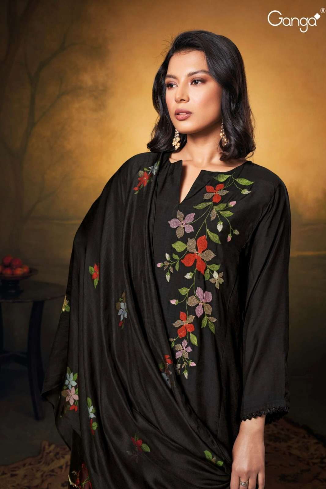 GANGA EVENDER S2526 PREMIUM BEMBERG SILK SOLID SUIT WITH EMBROIDERY WORK 