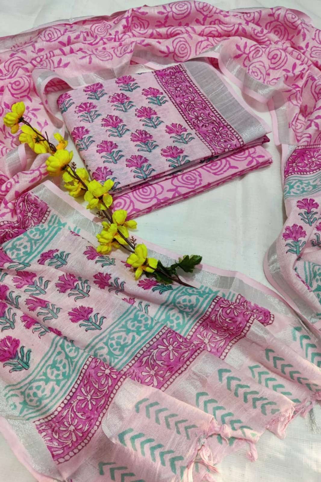 Shri Balaji Emporium 7174D Linen Cotton Handblock Printed & Zari Work Suit 