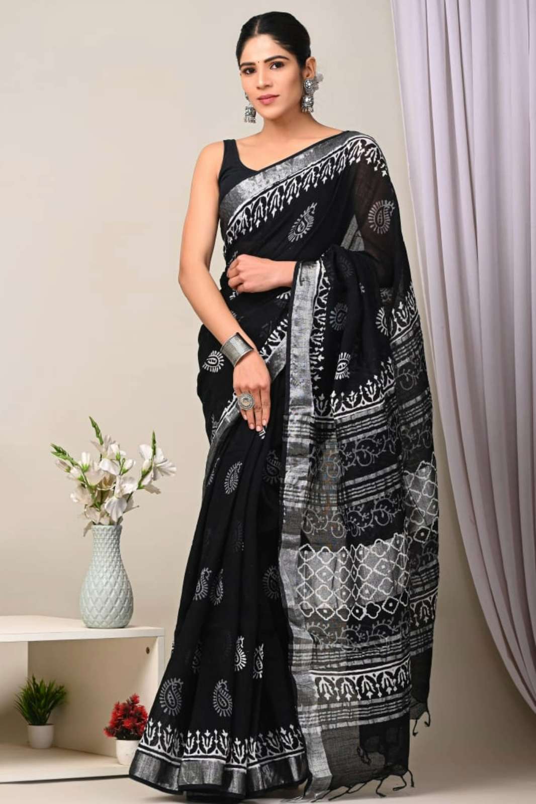 Shri Balaji Emporium 7321B Beautiful Black Hand Block Printed Linen Sarees