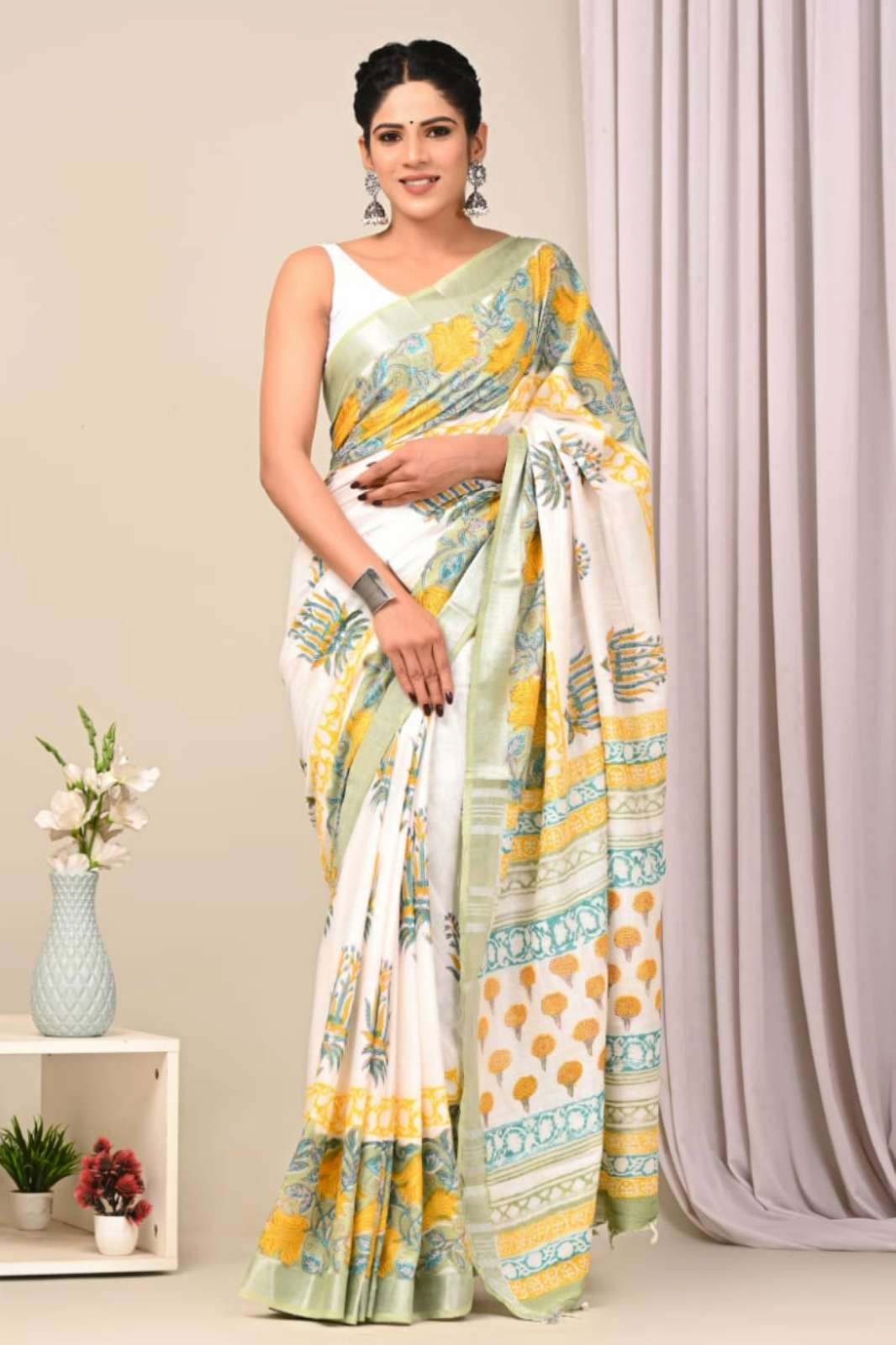 Shri Balaji Emporium 7321C Hand Block Printed Linen Saree with Unstitched Blouse Pice