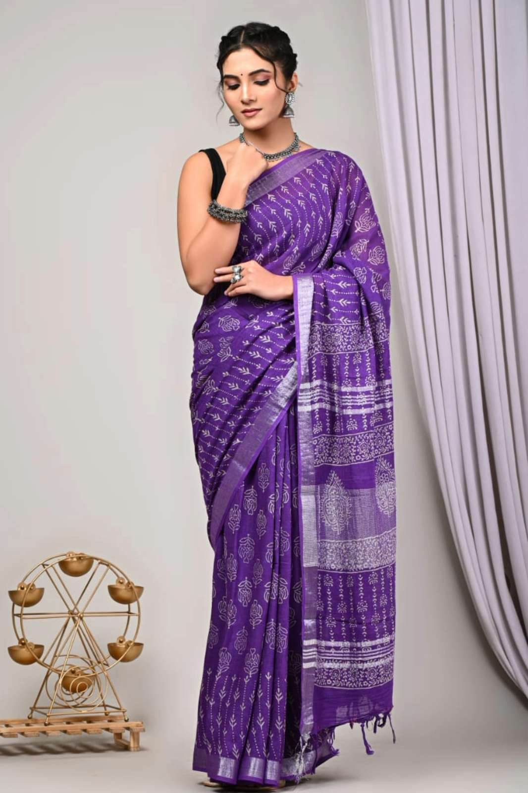 Shri Balaji Emporium 7321D Hand Block Printed Linen Saree 