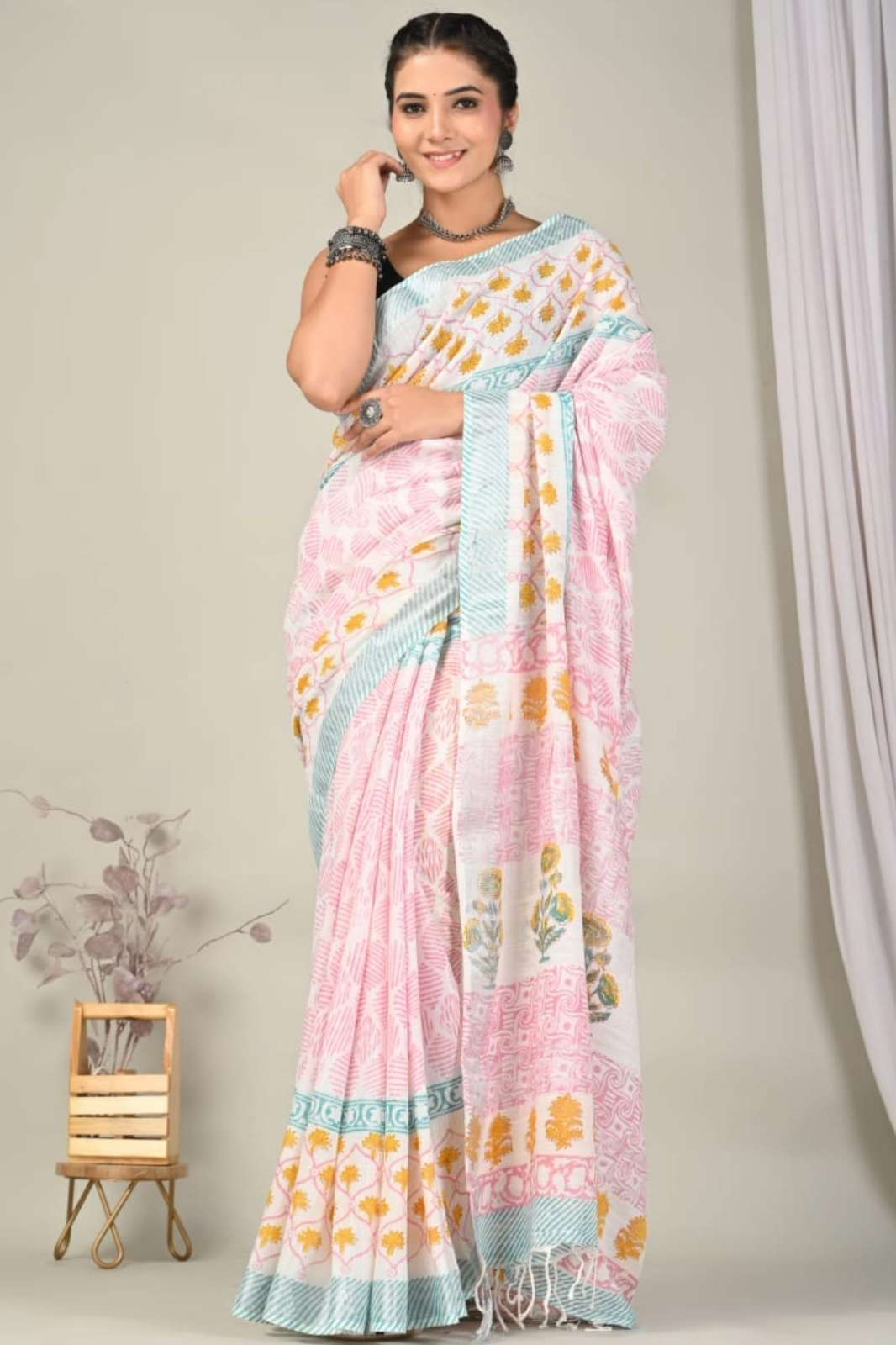 Shri Balaji Emporium 7321E Hand Block Printed Linen Saree 