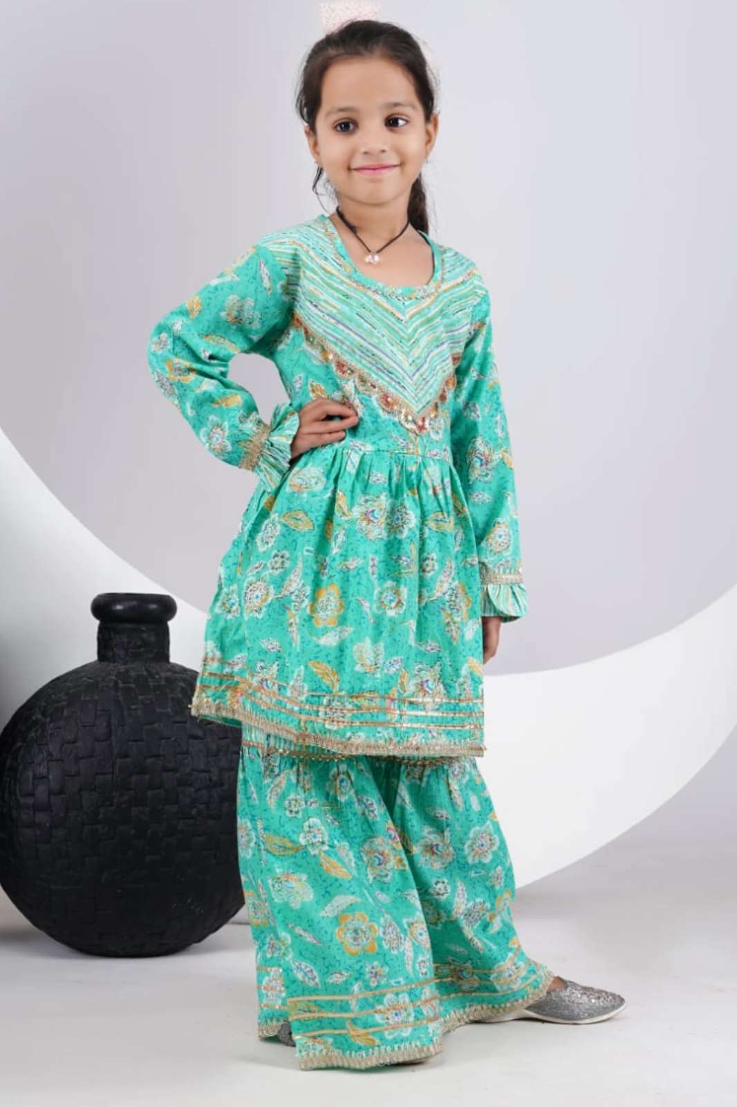 SHRI BALAJI EMPORIUM 7727 1321 Designer Girls Green Printed Sharara Set