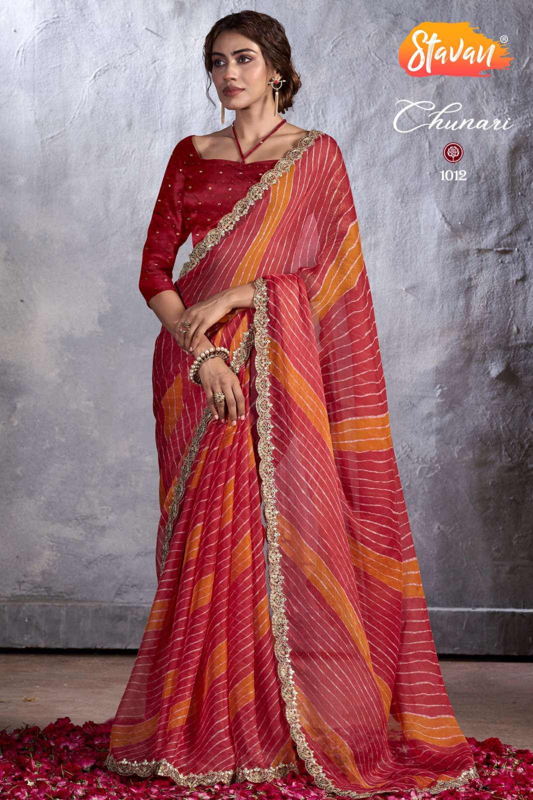 STAVAN 7439 Chunari Embroidery Work Designer Chiffon Saree