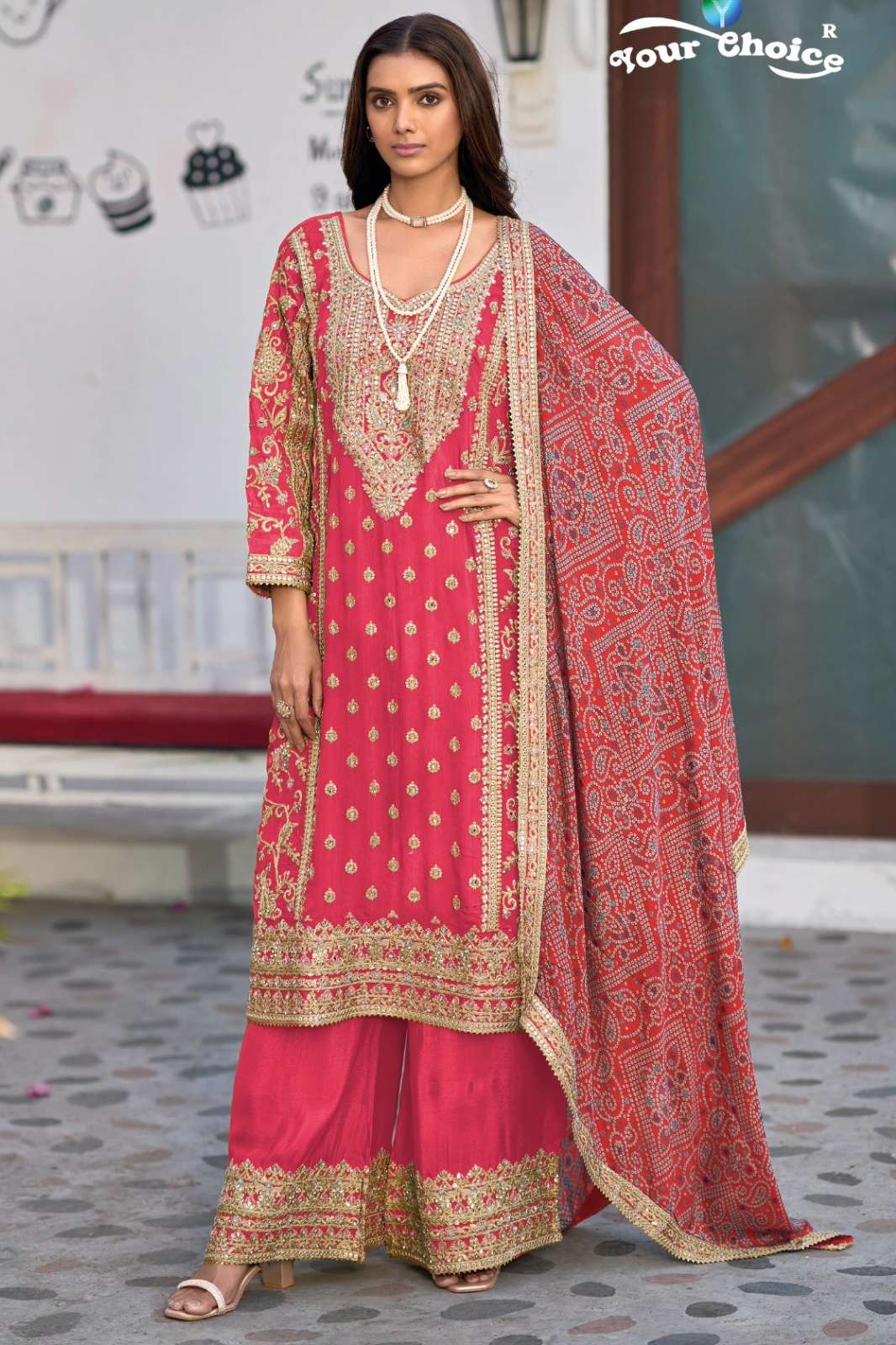  Your choice 7284 Bandhej Designer Chinon Wedding & Festival Collection Sharara Suit