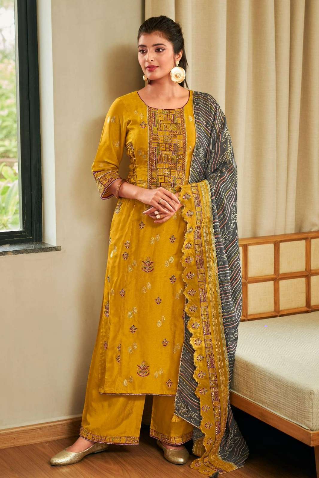 JAY VIJAY  KAEYA PURE BEMBERG SILK FANCY PLACEMENT EMBROIDERY SUIT WITH GOLD PRINTED 