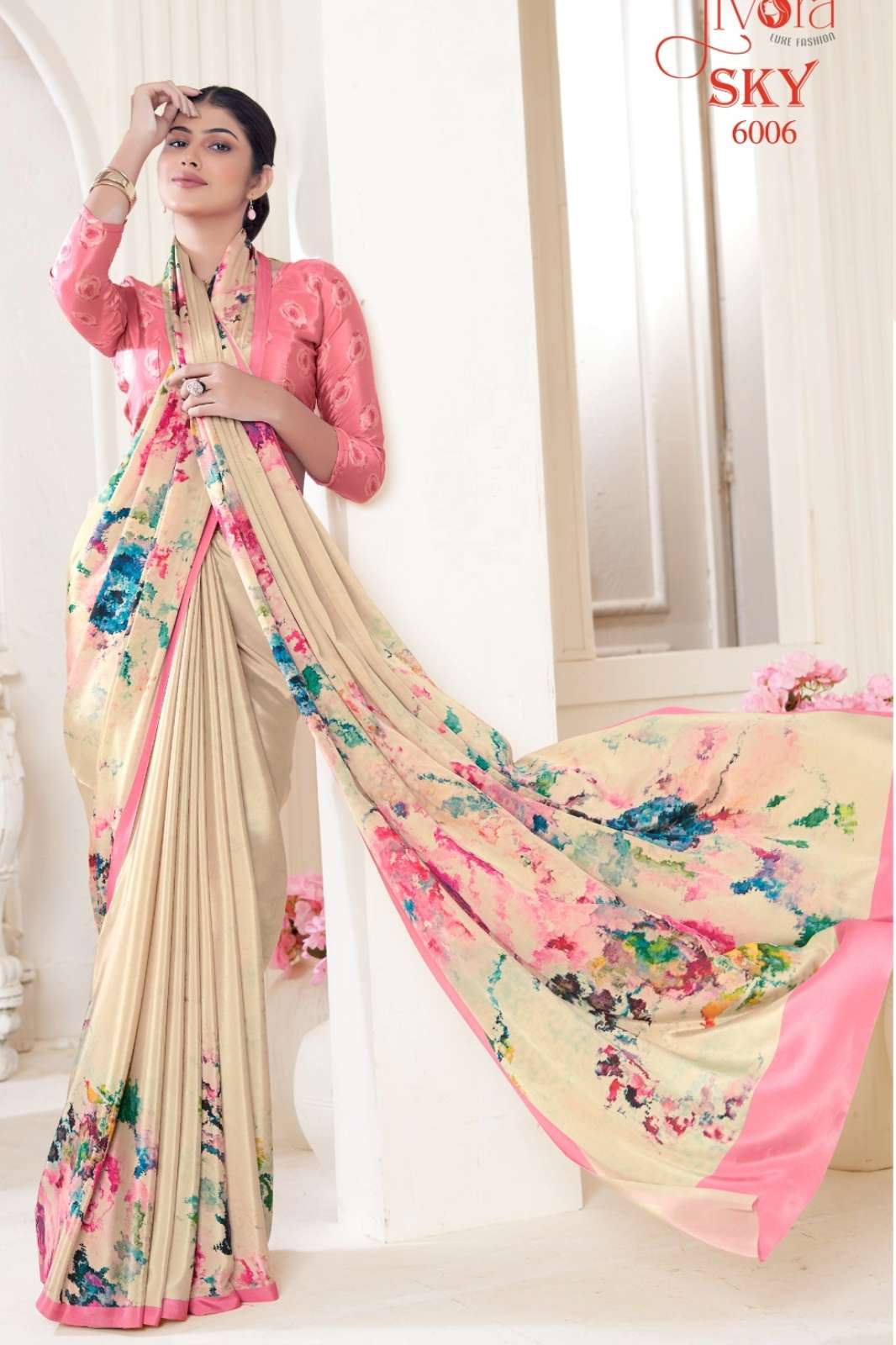 Jivora 8473 SKY Indian Women Designer Crepe Flower Printed Saree