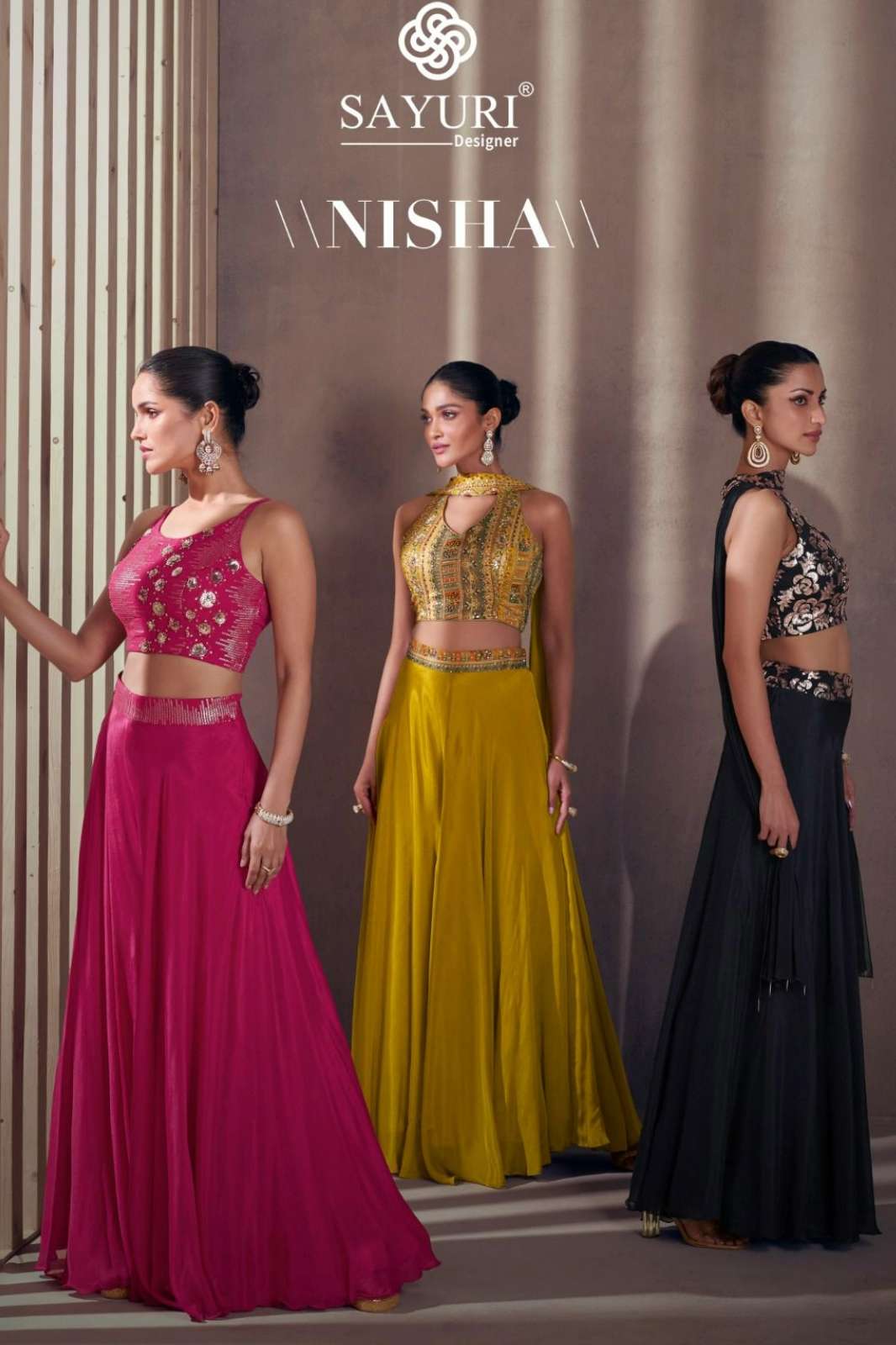 SAYURI NISHA 7877 REAL CHINON SILK EMBROIDERY CROP TOP PALAZZO SUIT WITH CHOKER DUPATTA