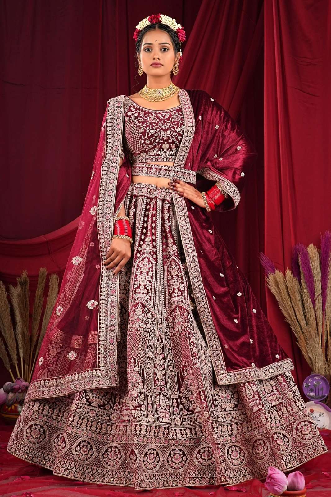 Shri Balaji Emporium 8449C Beautiful Designer Velvet Bridal Lehenga with Embroidered Work & Sequence Work